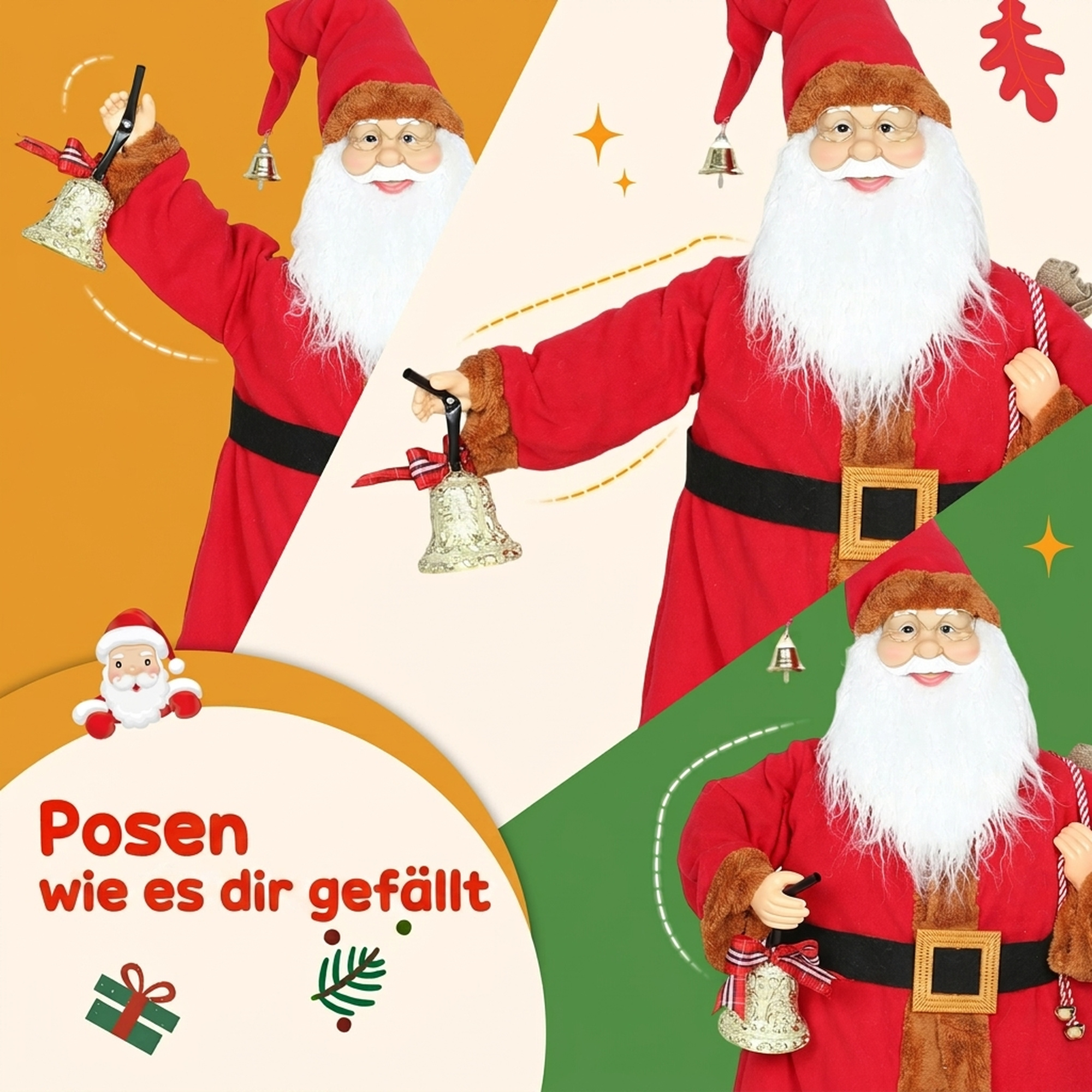 Weihnachtsmann 120 cm Nikolaus Figur mit Beweglichem Kopf und Armen, Glocke und Sack, Geräusch- und Berührungssensor