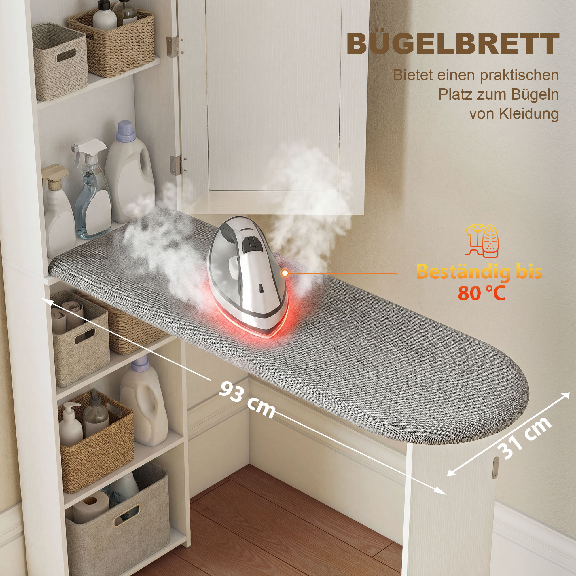 Bügelbrettschrank mit Tür internen Regalen Spiegel Platzsparend Bügeltisch für Wäschepflege 106x35x174 cm Weiß