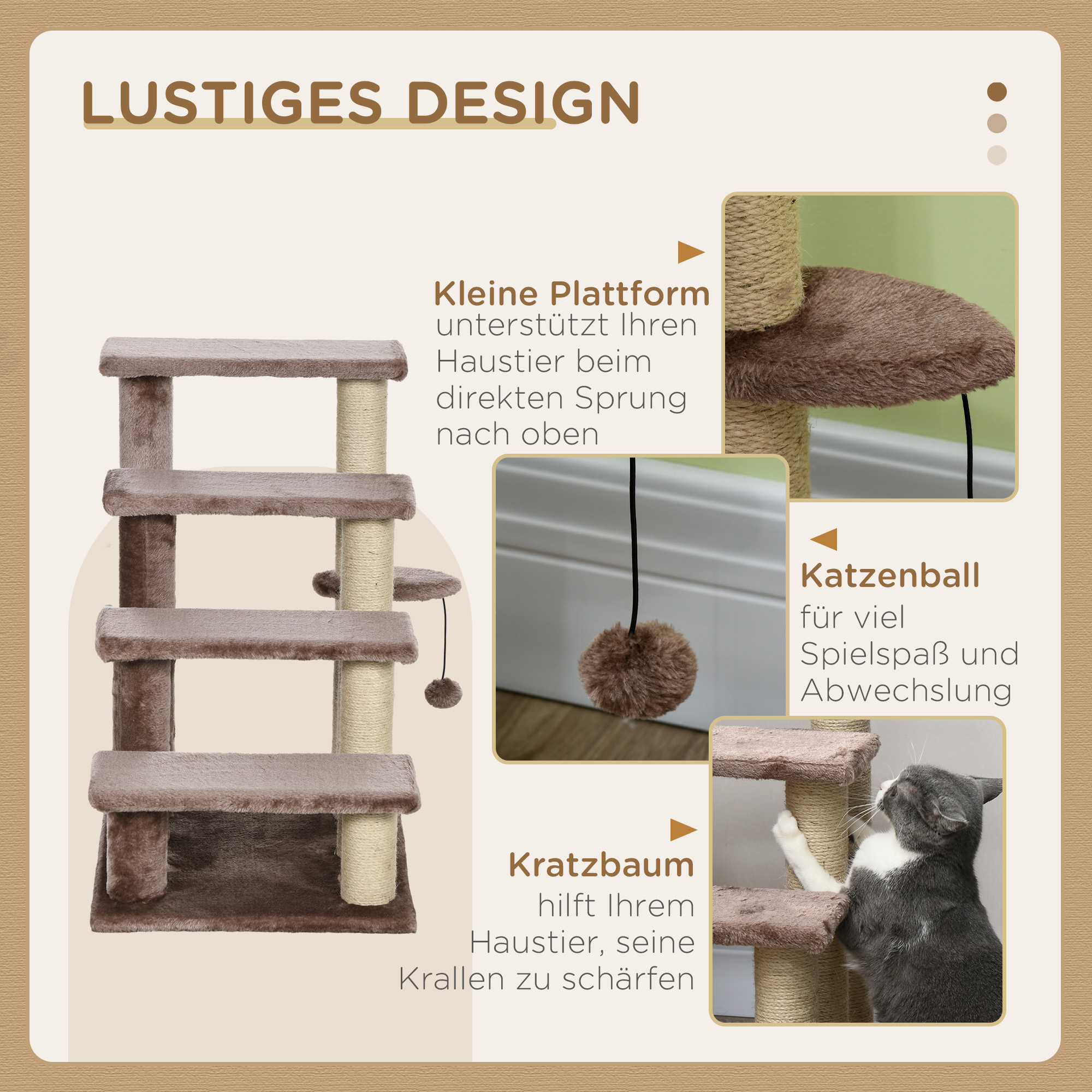 Haustiertreppe, Kratzbaum, 4-stufig, für Tiere bis 5 kg, 60x40x64cm, Braun