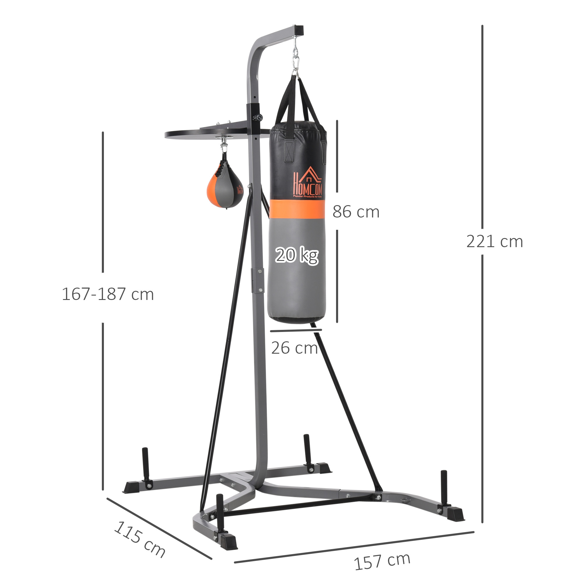 2-in-1 Boxsackständer max. Tragkraft 100 kg, drehbar Boxsackhalterung aus Stahl mit 20kg Boxsack Punchingball, stehend höhenverstellbar Boxsackhalter, für Indoor Fitness Training, Schwarz