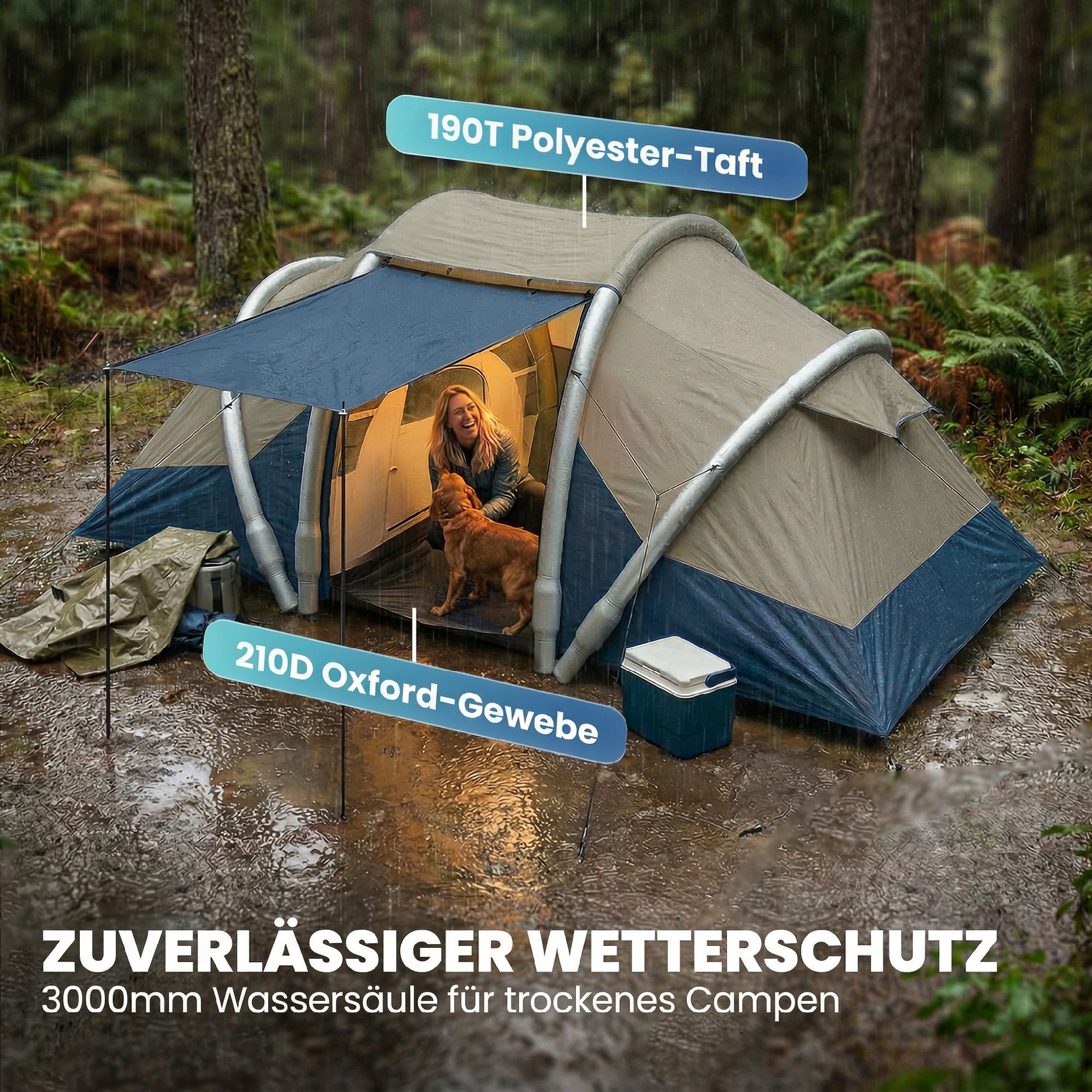 aufblasbares Zelt 4 Personen Schneller Aufbau Outdoor Camping Zelt mit 2 Schlafzimmer Mesh Fenster Vordach