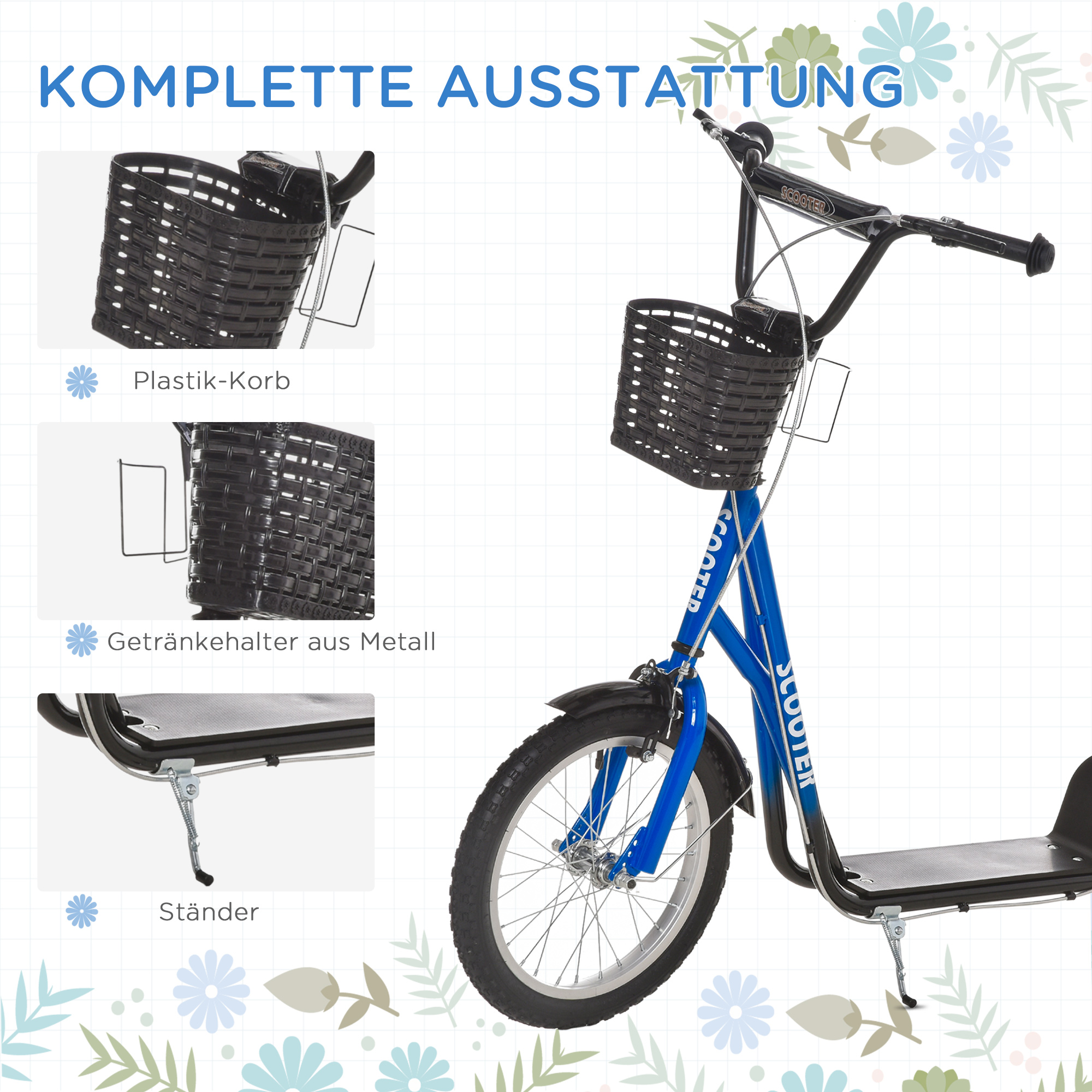 Kinderroller, Scooter mit Bremse, inkl. Korb, höhenverstellbar, für Kinder 5-12 J., blau+schwarz