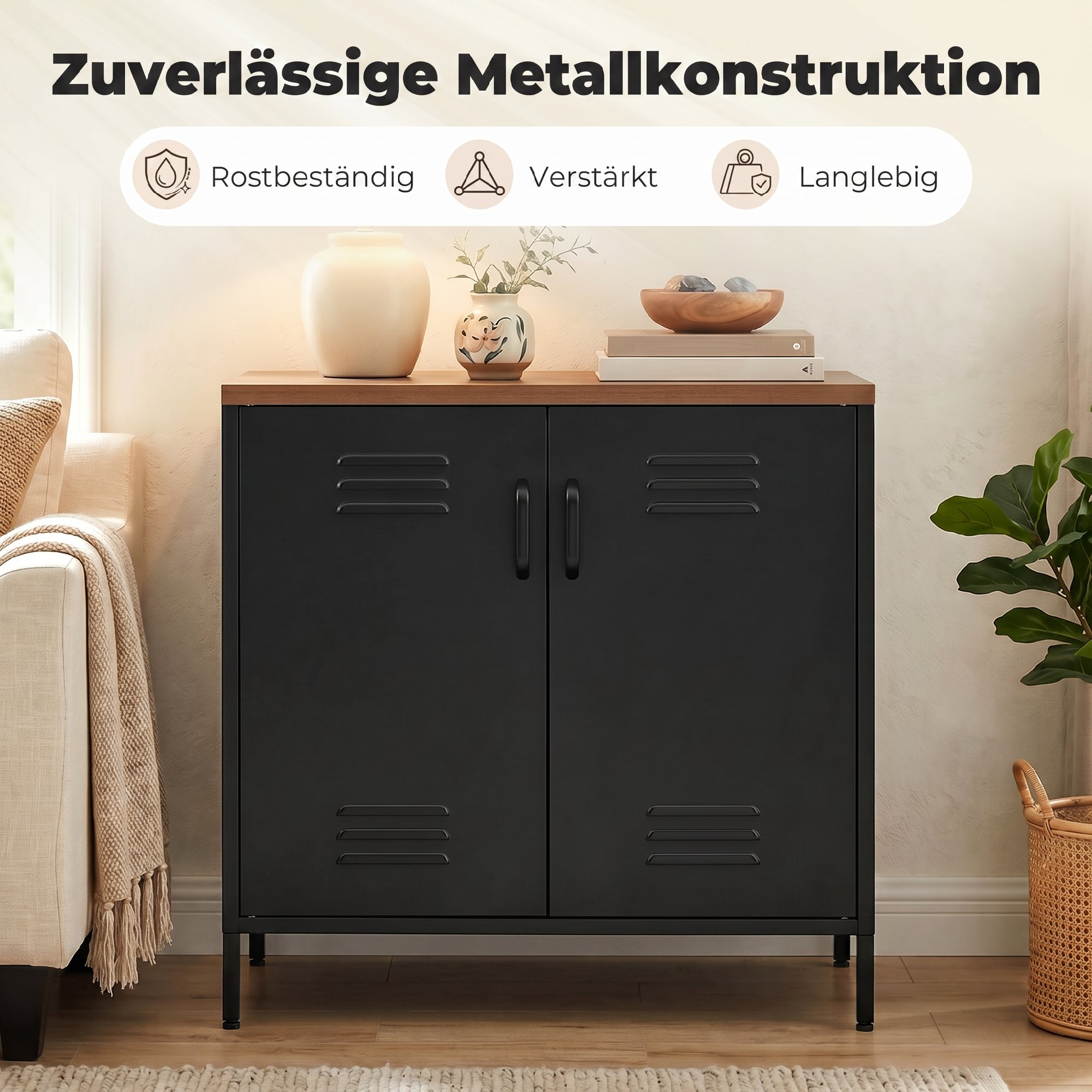 Stahl-Sideboard, 80x40x80 cm, Industrielles Aufbewahrungsschrank mit 2 Türen und verstellbarem Regal für Wohnzimmer, Büro, Schwarz