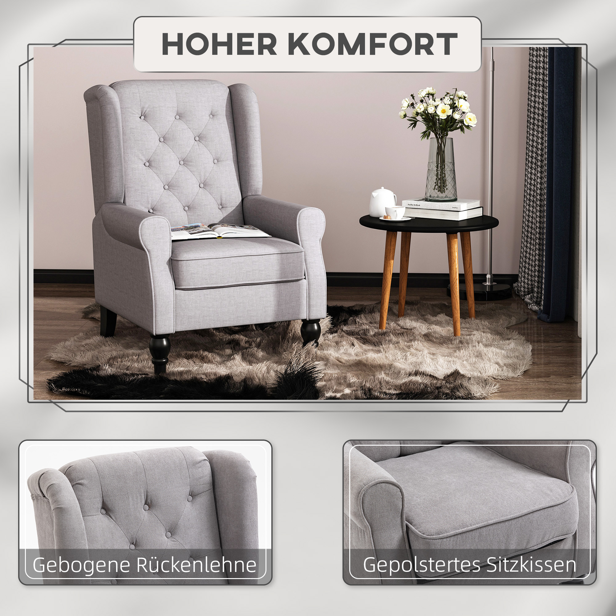 Ohrensessel Sessel mit Tufting, hoher Rückenlehne, Gepolstert Loungesessel mit abgerundeten Armlehnen, Holzbeine, für Schlafzimmer, Wohnzimmer, bis 160 kg, Grau