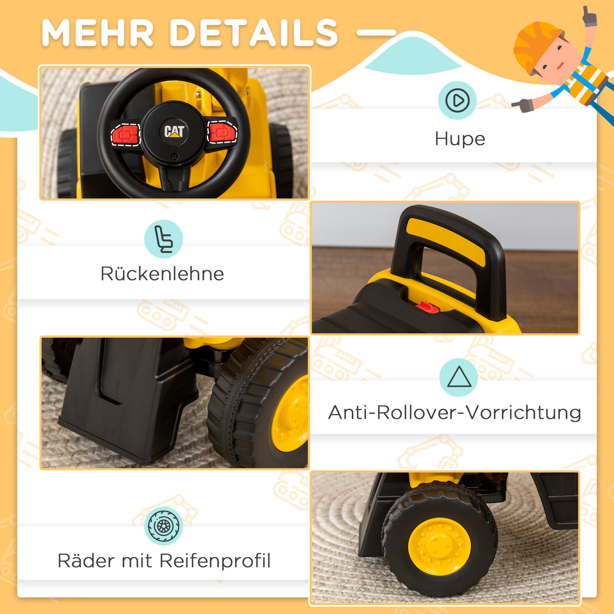 Kinderbagger, Rutscher, bedienbare Schaufel, Kippschutz, rutschfeste Räder, gelb+schwarz, 85 x 27,5 x 47,5 cm