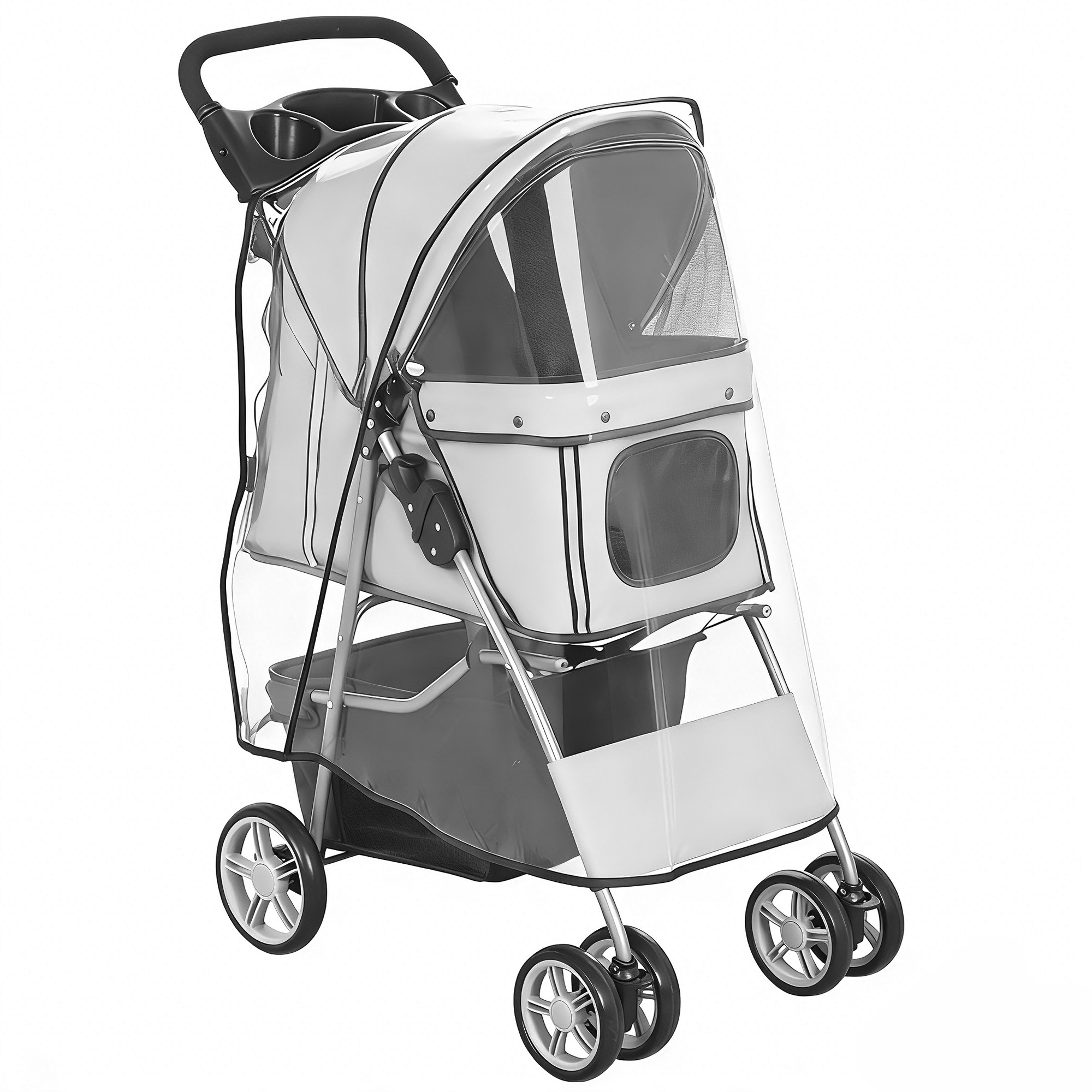 Hundewagen Hundebuggy Faltbar Katzenwagen bis 10kg mit Regenschutz Reflektorstreifen Aufbewahrungskorb 77x44x102cm Grau