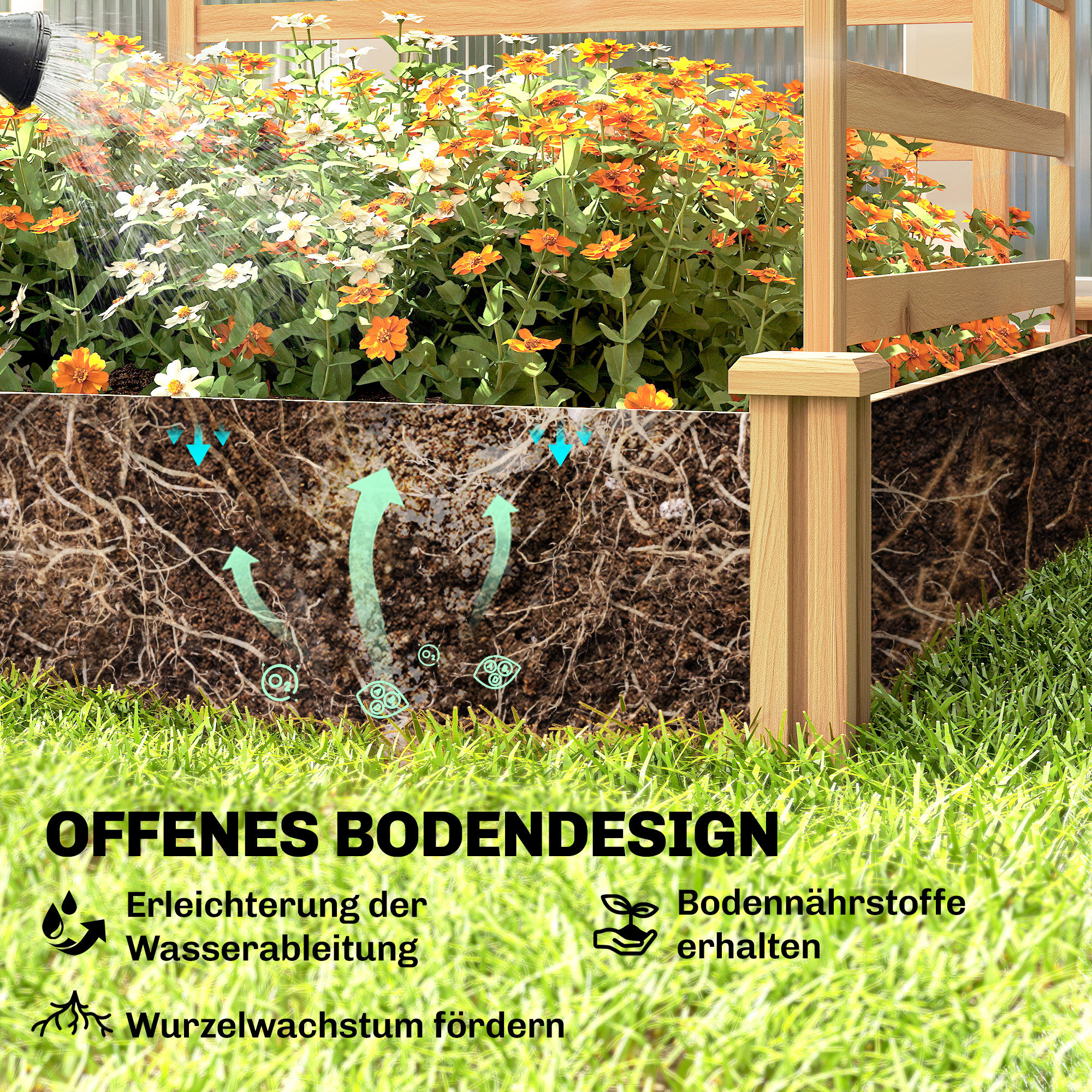 Hochbeet mit Rankgitter Holz Blumenkasten mit 3 Spalier Trennwand Offenem Boden 240 x 125 x 102 cm Naturholz
