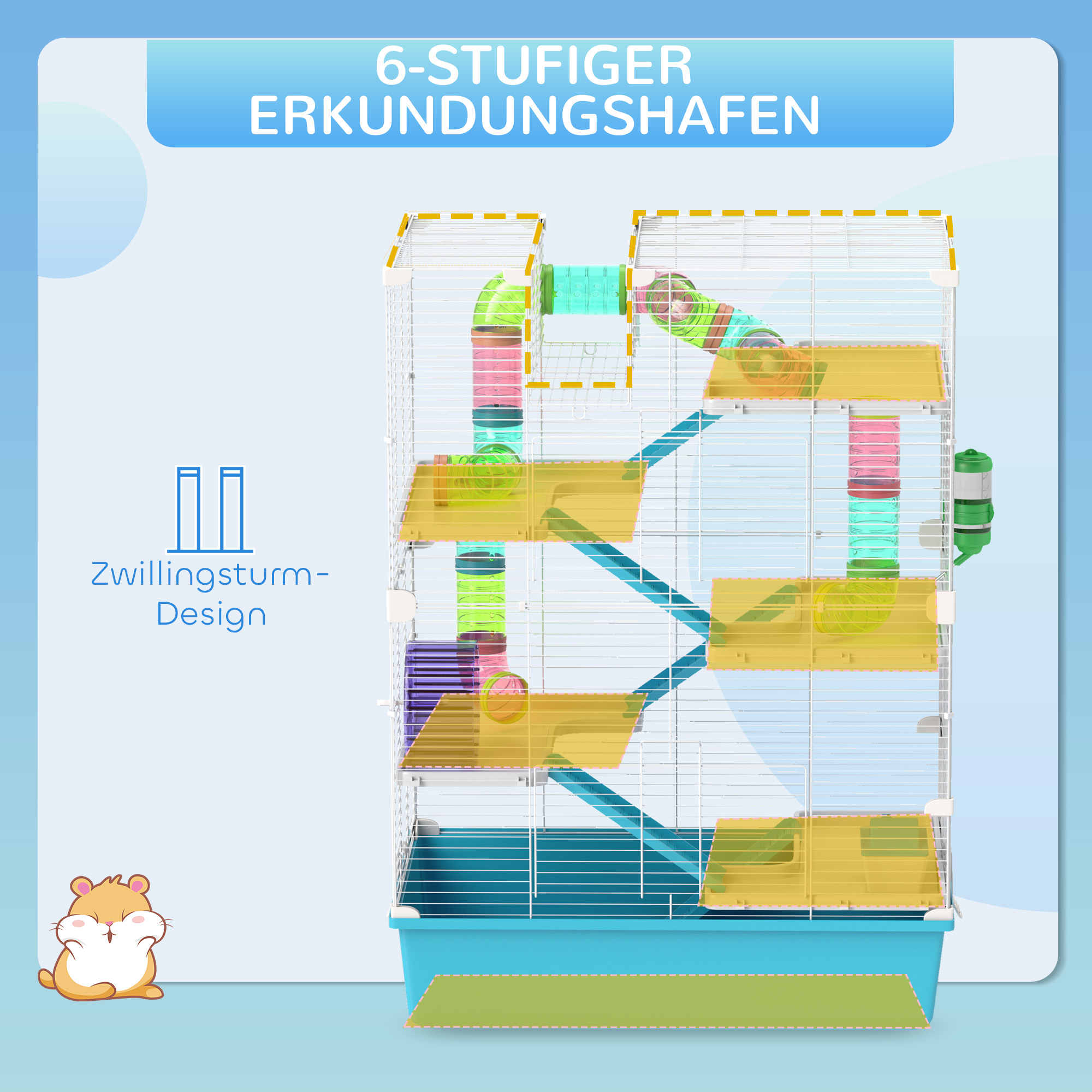 6-stöckiger Hamsterkäfig mit Röhren, Tunnels, Hütte, Laufrad, Futterschale, Wasserflasche, Rampen, Hellblau