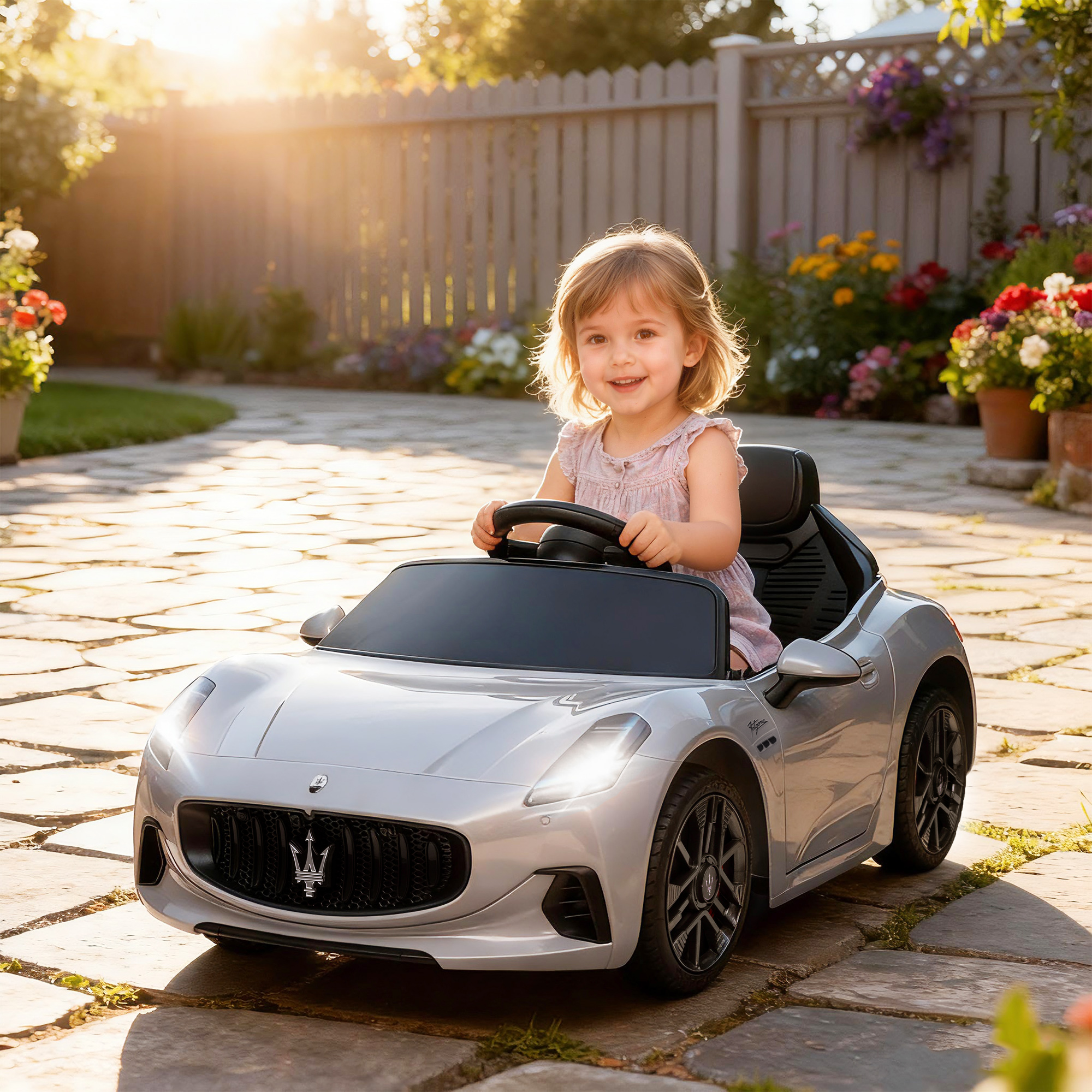12V Kinder-Elektroauto, Kinderfahrzeug mit LED-Lichtern, Musik, Hupe, für Kinder von 3-5 Jahren, Grau