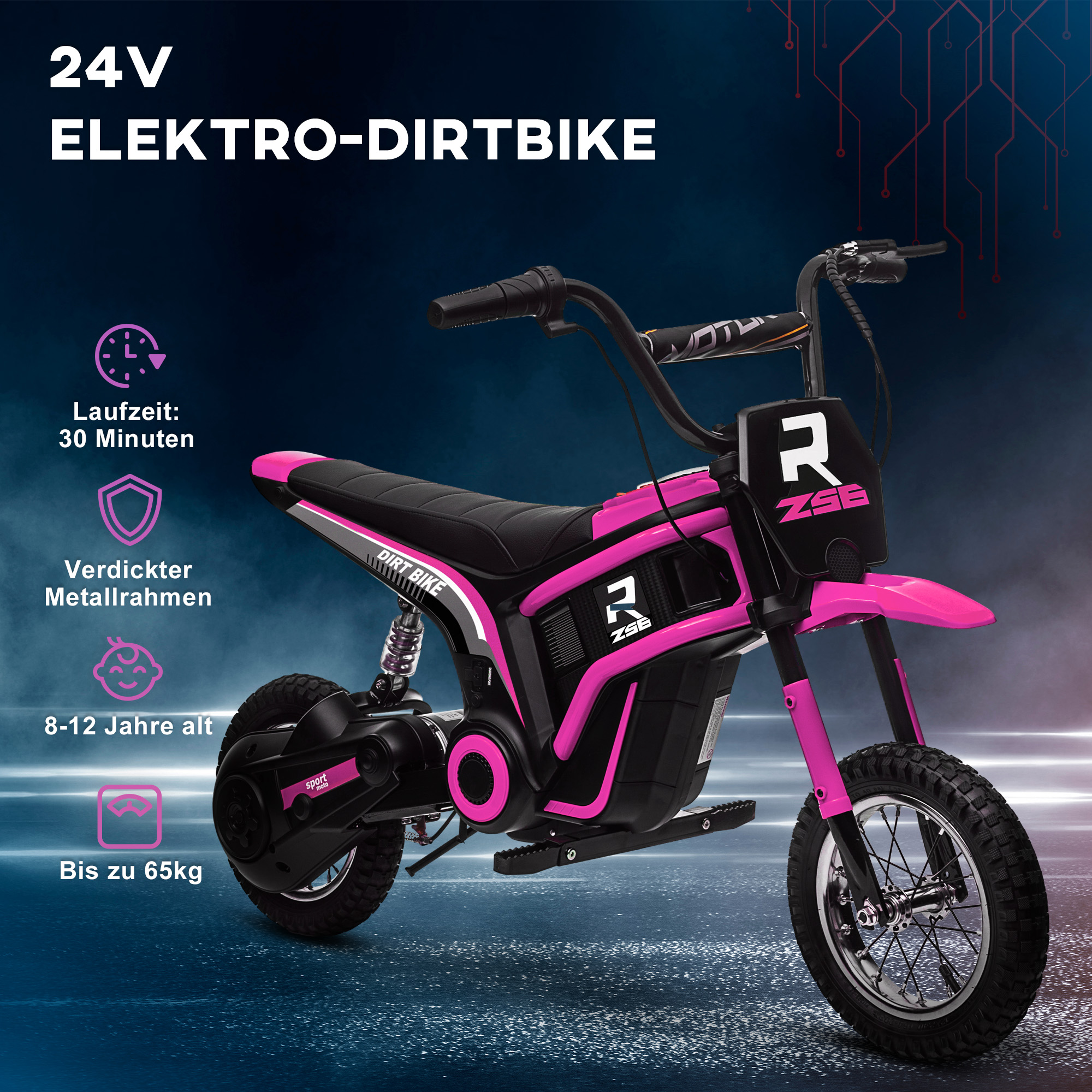 Elektro-Motorrad für Kinder, 24V Kindermotorrad mit Hupe, Leuchte, mit Drehgriff-Gashebel, 8-16 km/h, 8-12 Jahre, Rosa