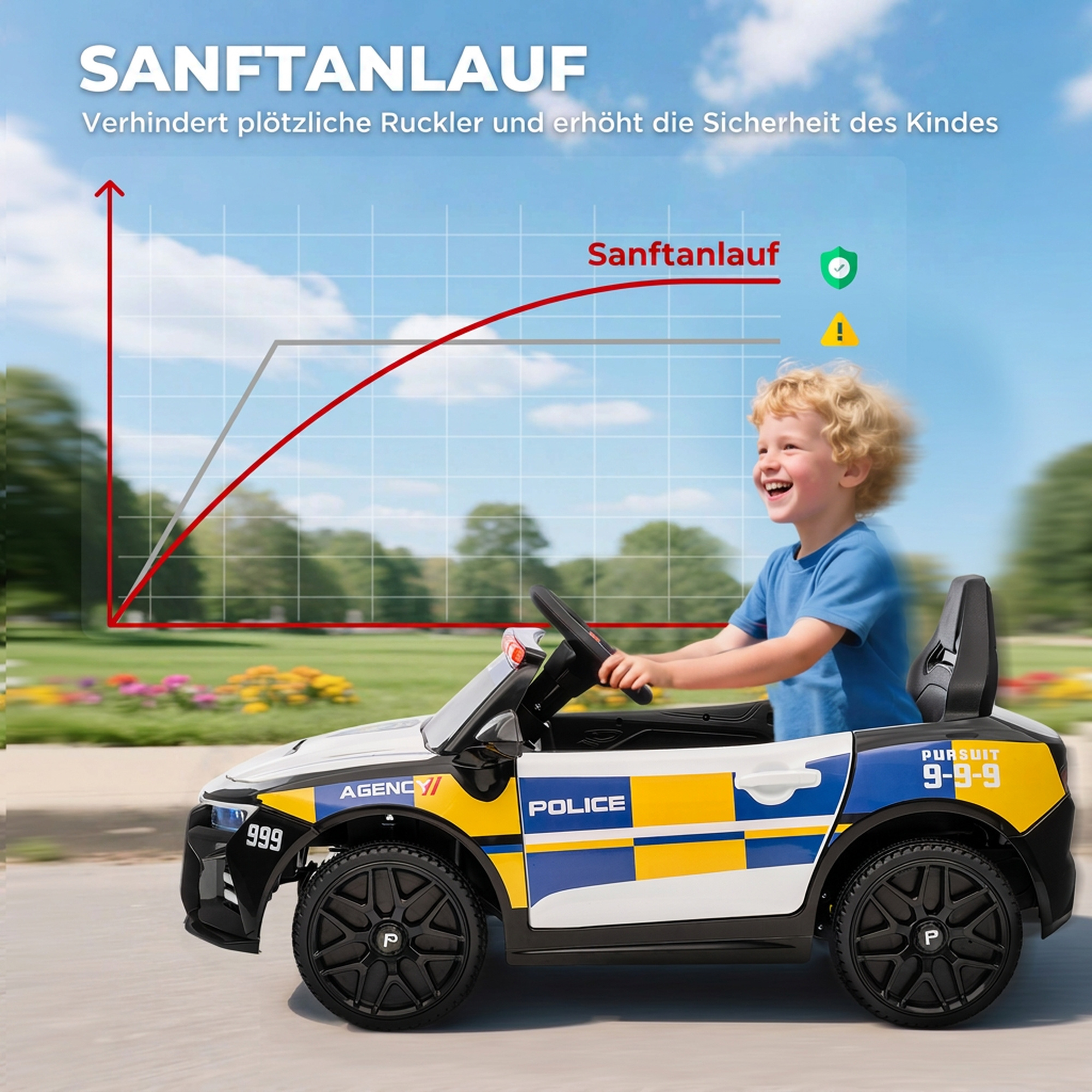 12V Kinder Elektroauto Polizei Polizeiauto mit Fernbedienung Sirene Warnlicht Musik & Hupe Doppelmotoren Federung Weiß