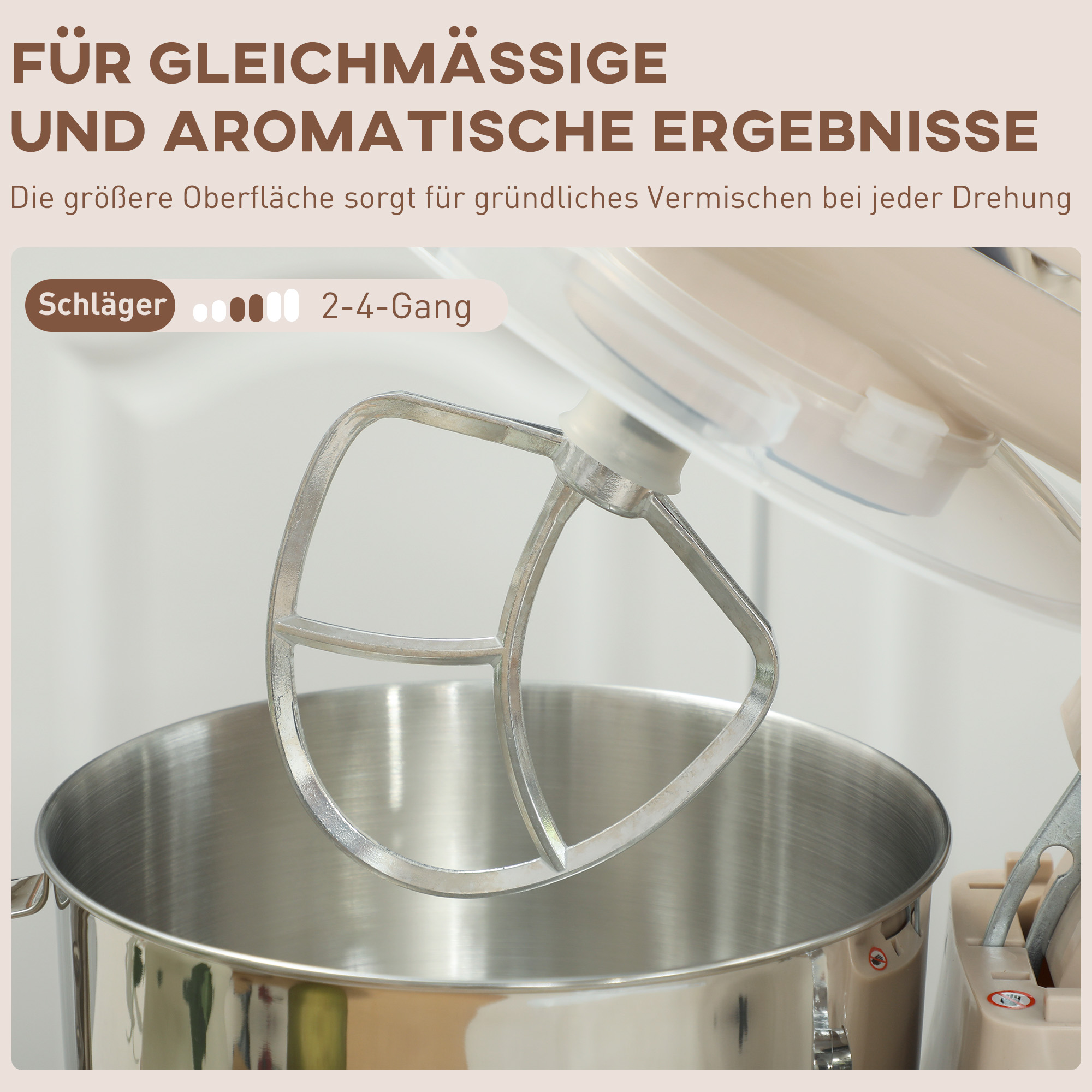 Küchenmaschine Knetmaschine mit 4,5L Edelstahlschüssel 1300W Teigmaschine mit 6+P Geschwindigkeit Beige