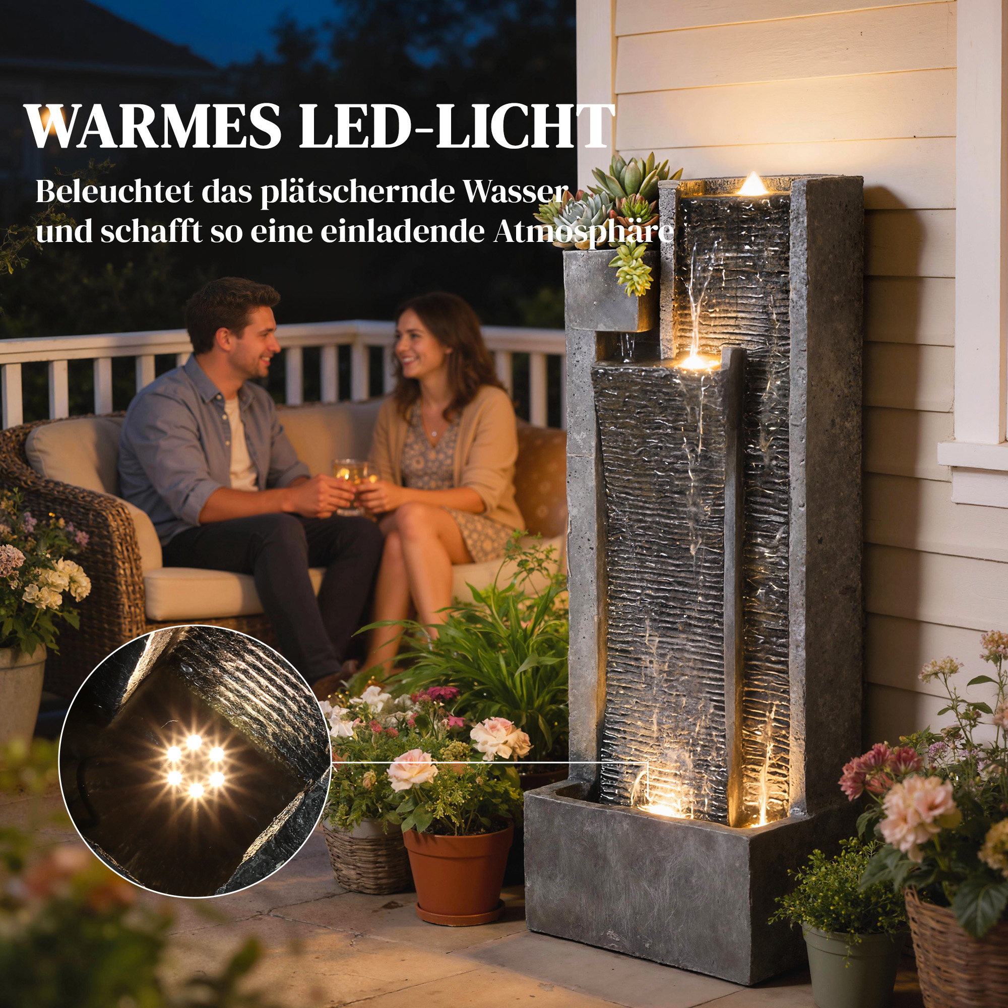 Springbrunnen 3-stufig Gartenbrunnen mit LED Beleuchtung Pflanzkübel Pumpe Steinoptik, Verstellbar 38 x 19 x 101 cm