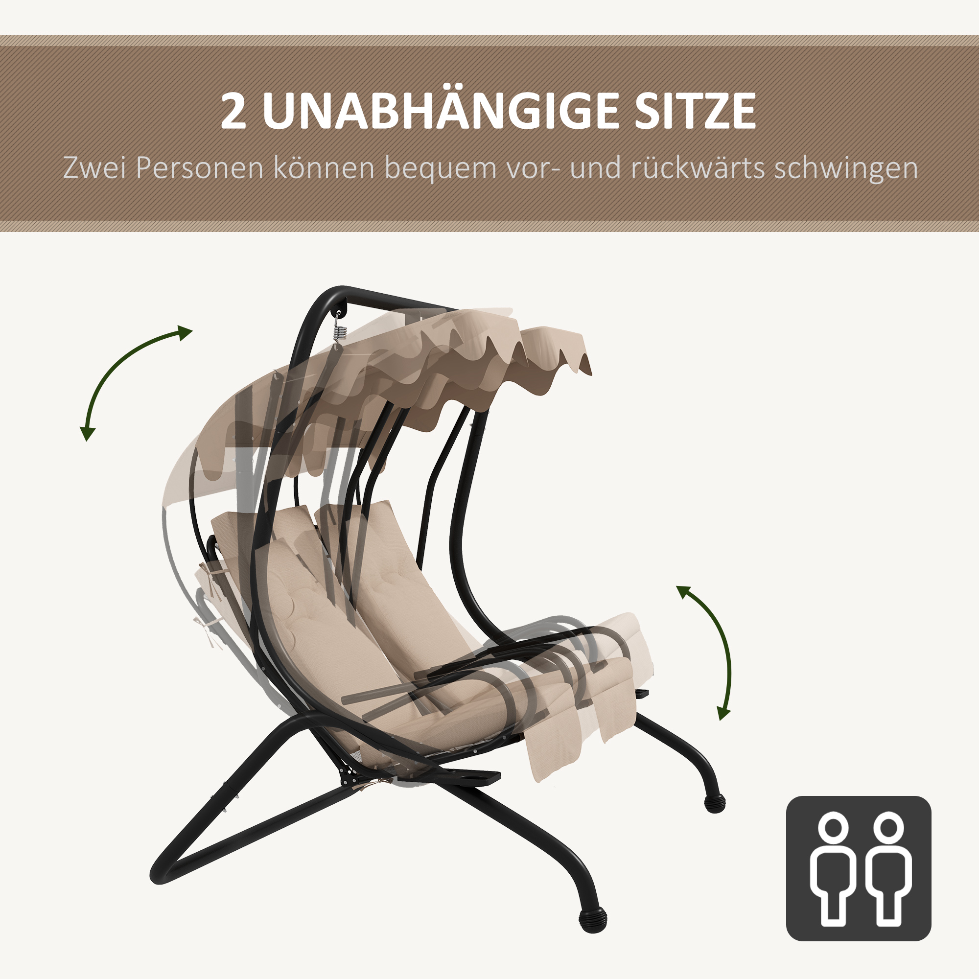 Hollywoodschaukel Gartenschaukel, wetterbeständig,2 getrennte Size, 2 Getränkehalter, 170 cm x 136 cm x 170 cm, Beige