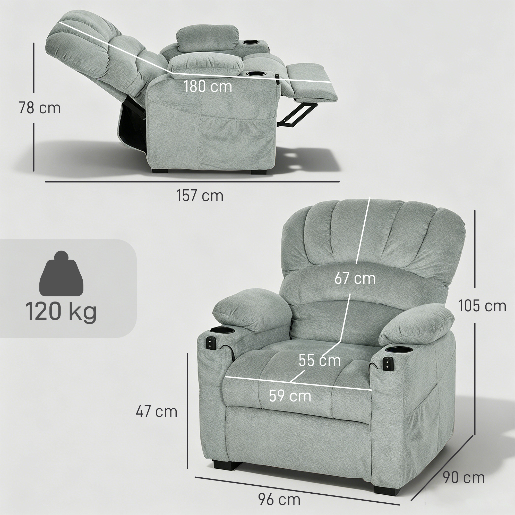 Relaxsessel Elektrisch Fernsehsessel mit Liegefunktion, USB, Getränkehalter, 2 Memory-Positionen für Wohnzimmer, Grau