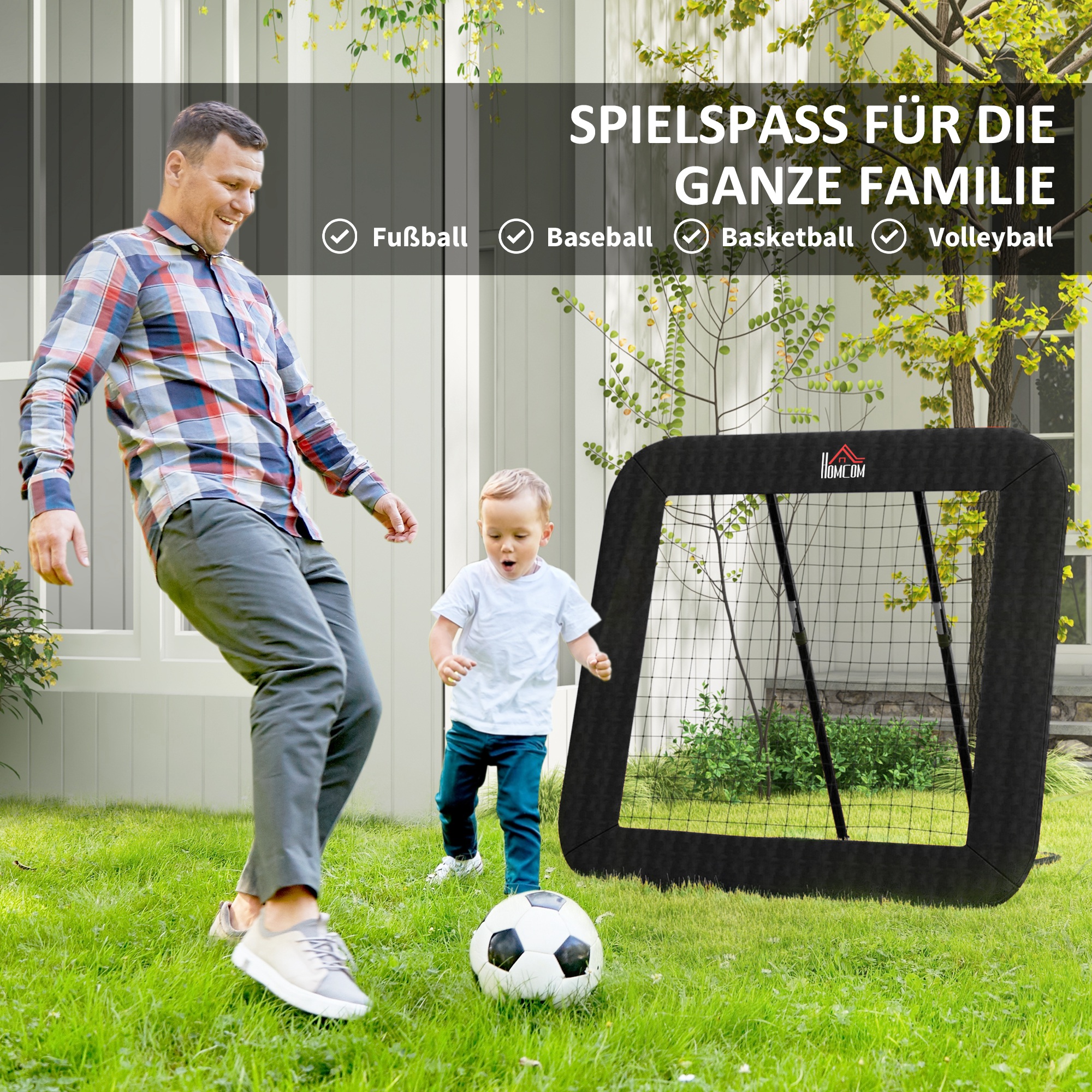 Rebounder für Fußball, 128 x 118 cm Prellwand mit Schutzkante Heringen, verstellbar in 5 Stufen, tragbares Rebound, Fußballtor für Jugendliche, Rückprallwand für Fußball Training, Schwarz