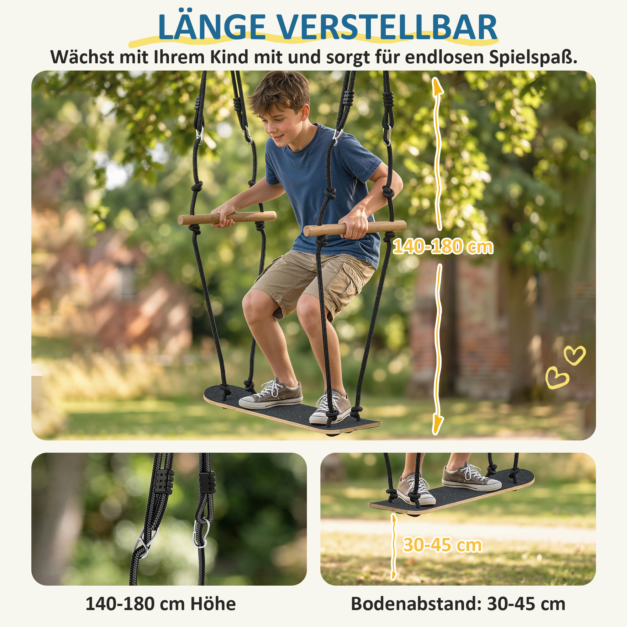 Skateboard Schaukel Kinderschaukel mit verstellbarer Höhe, rutschfestem Brett, wetterfestem Seil, Griffen Schwarz