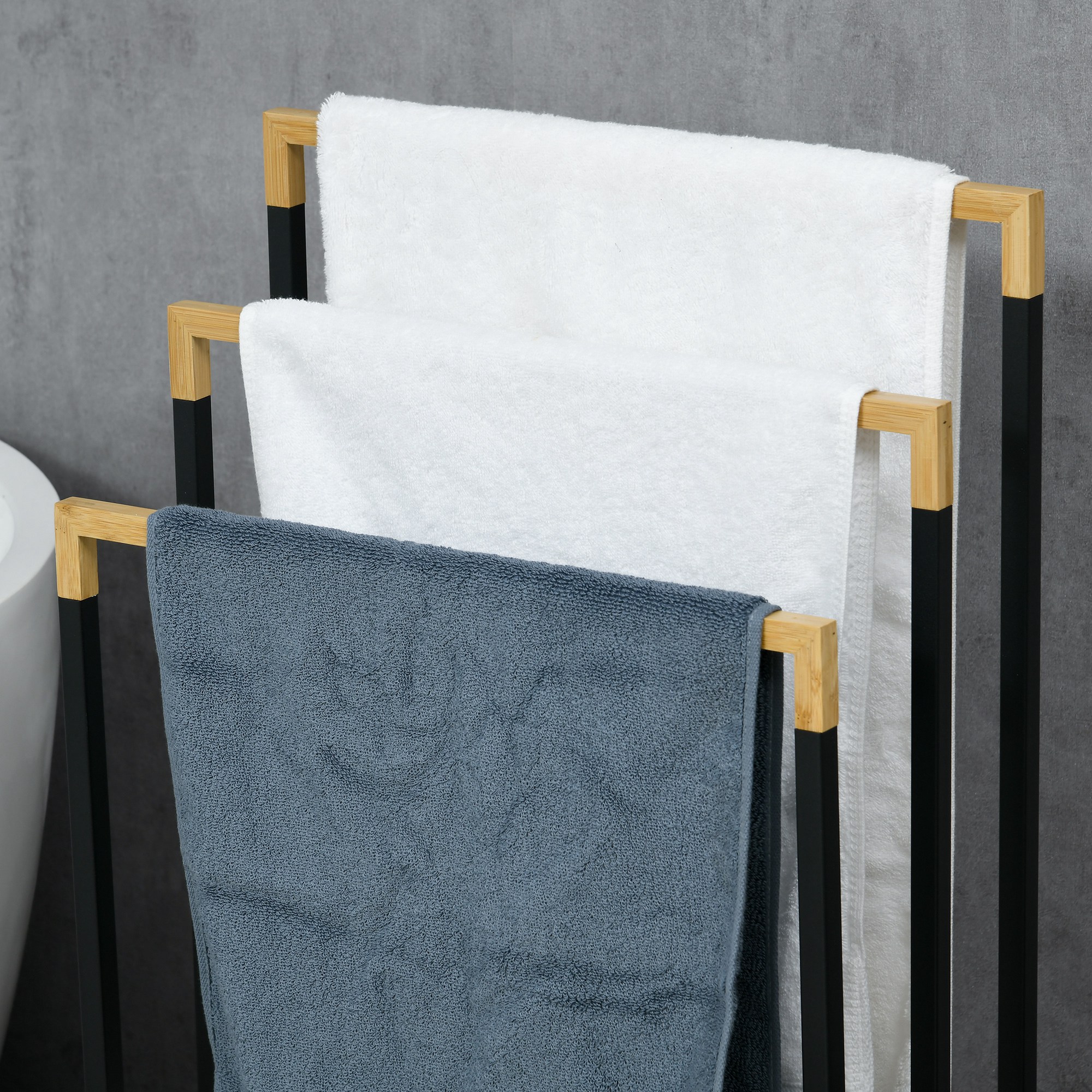 Handtuchhalter Handtuchalter-Set 3 Handtuchstangen, Industriedesign, Bambus, 45 x 22,5 x 86 cm, Schwarz + Natur