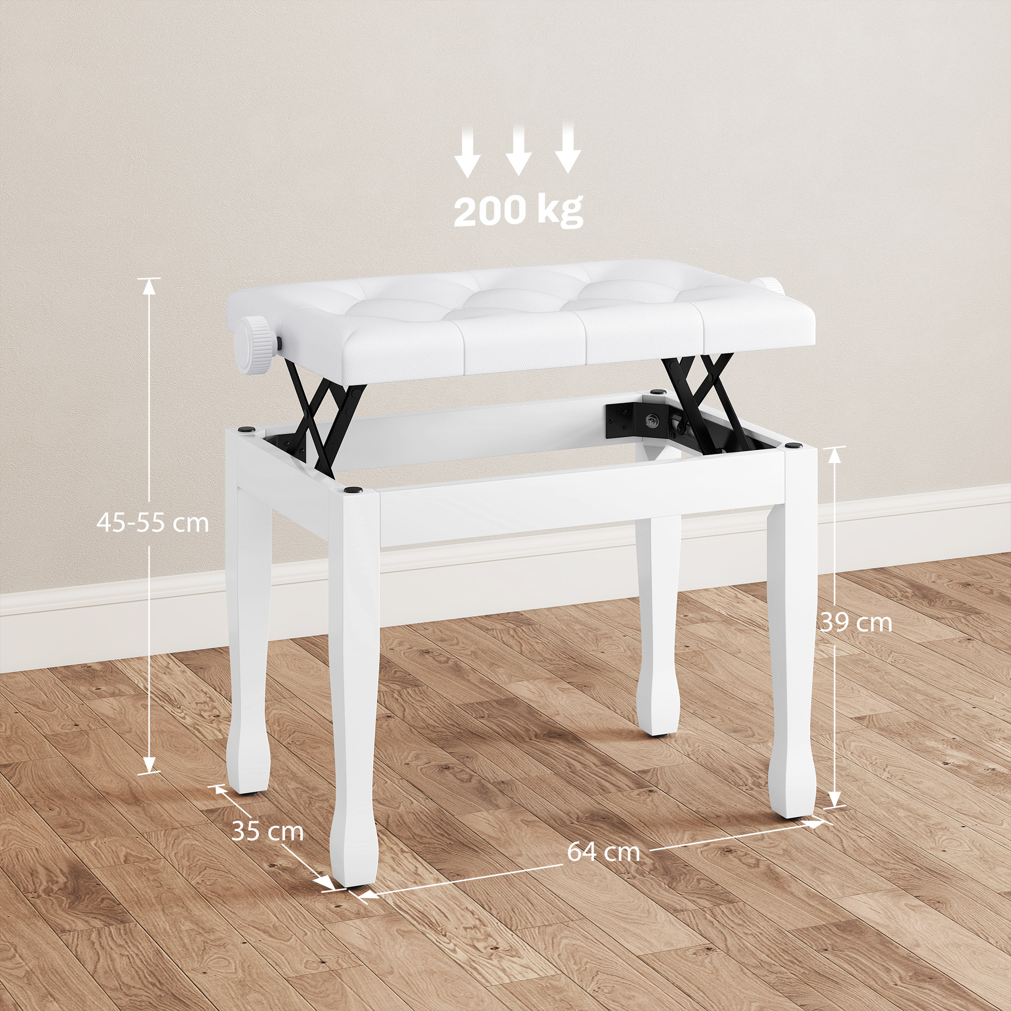 Klavierhocker Höhenverstellbar Klavierbank, Pianobank mit Kunstleder Kissen für Piano Keyboard 64 x 35 x 45-55 cm Weiß