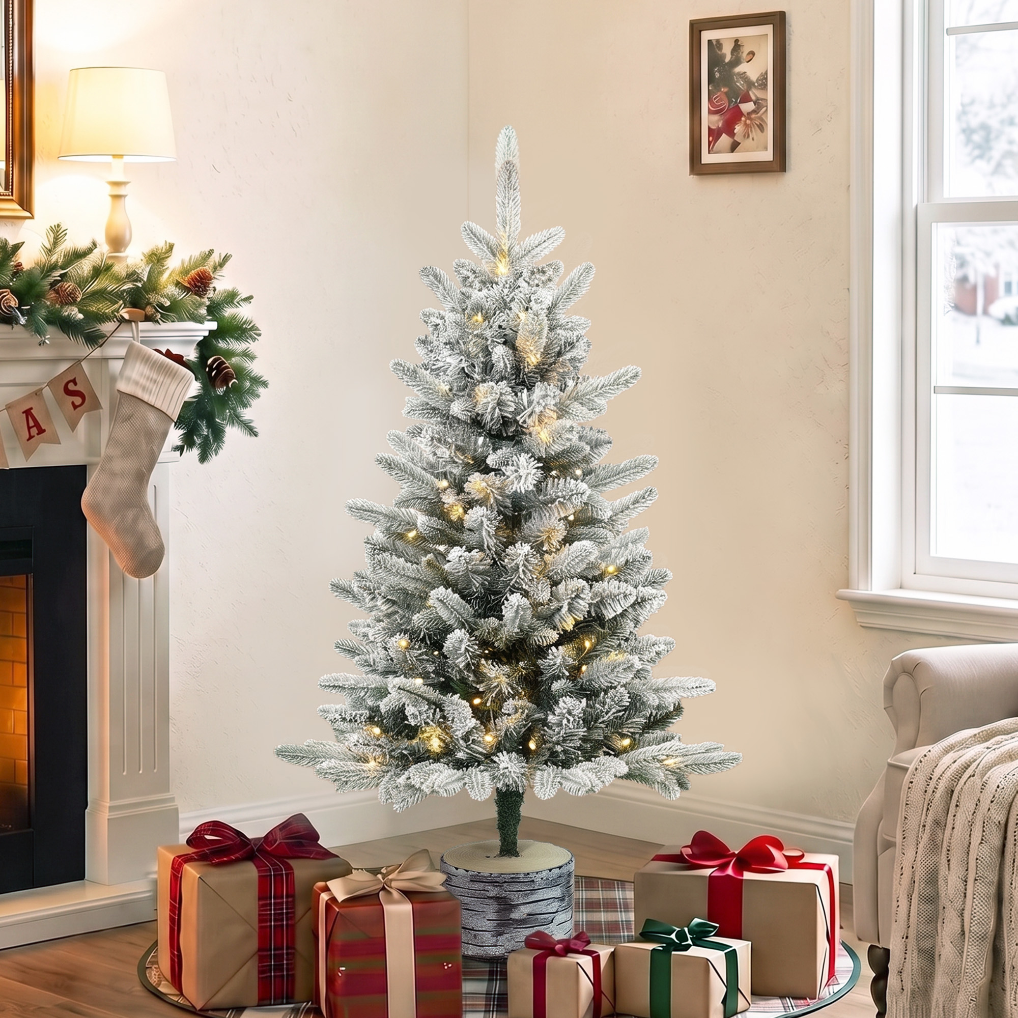 künstlicher Weihnachtsbaum, 90 cm Christbaum mit 50 LED-Beleuchtung 240 Spitzen Kunstschnee Magnesiumoxid-Sockel