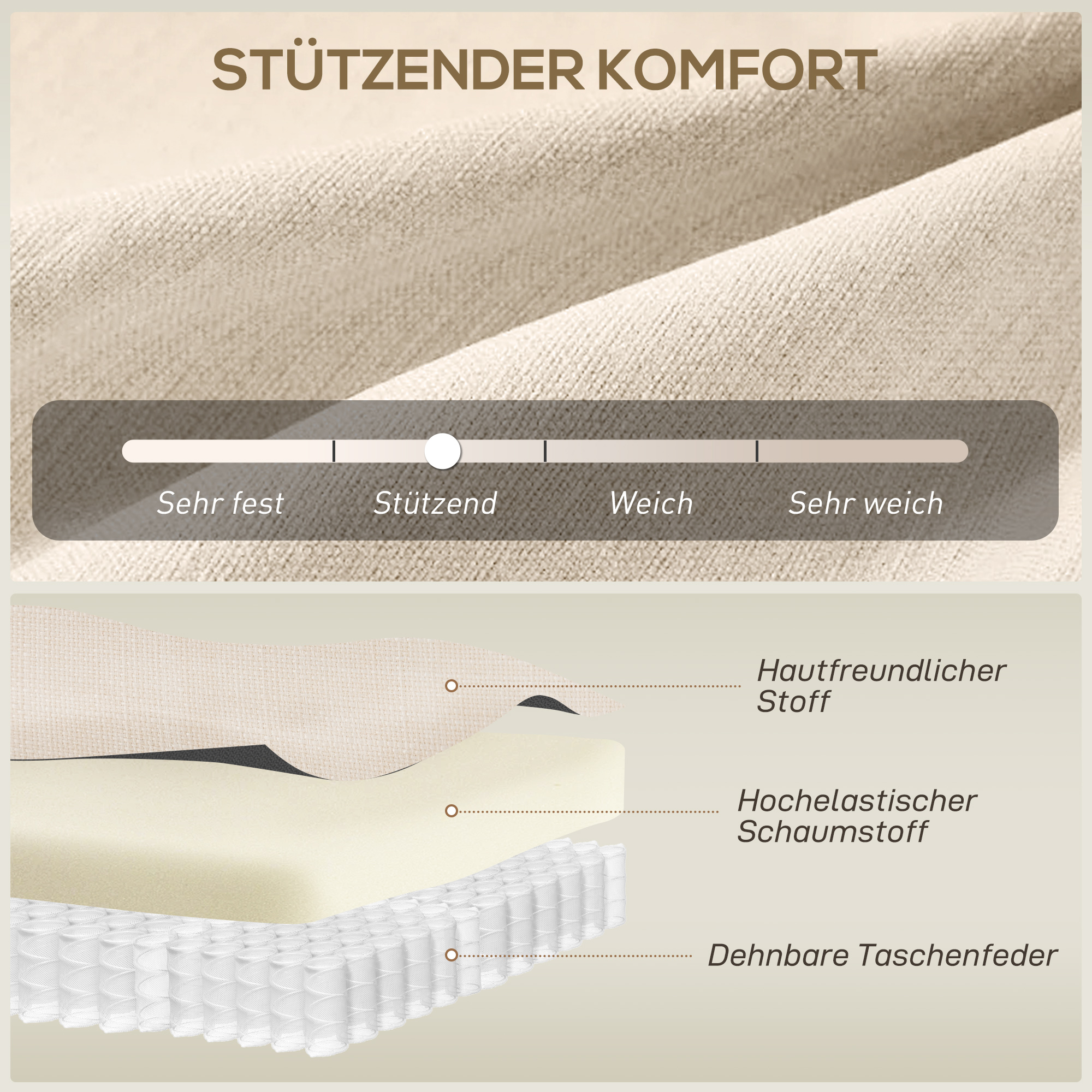 2-Sitzer-Sofa, getuftete Rückenlehne, Holzbeine, dicke Polsterung, Leinenoptik, für kleine Räume, Beige