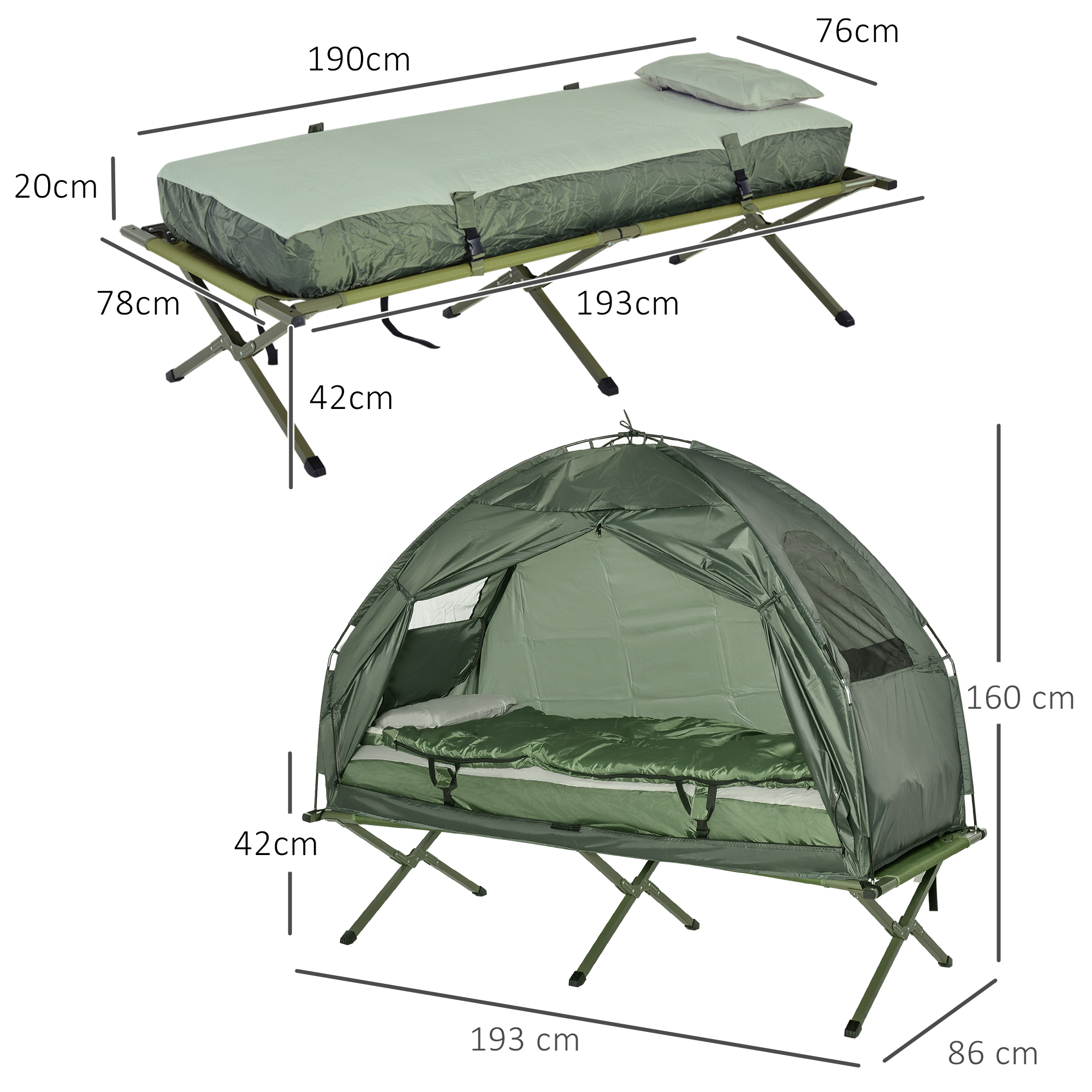 Campingzelt-Set mit Feldbett, Schlafsack und Matratze Dunkelgrün