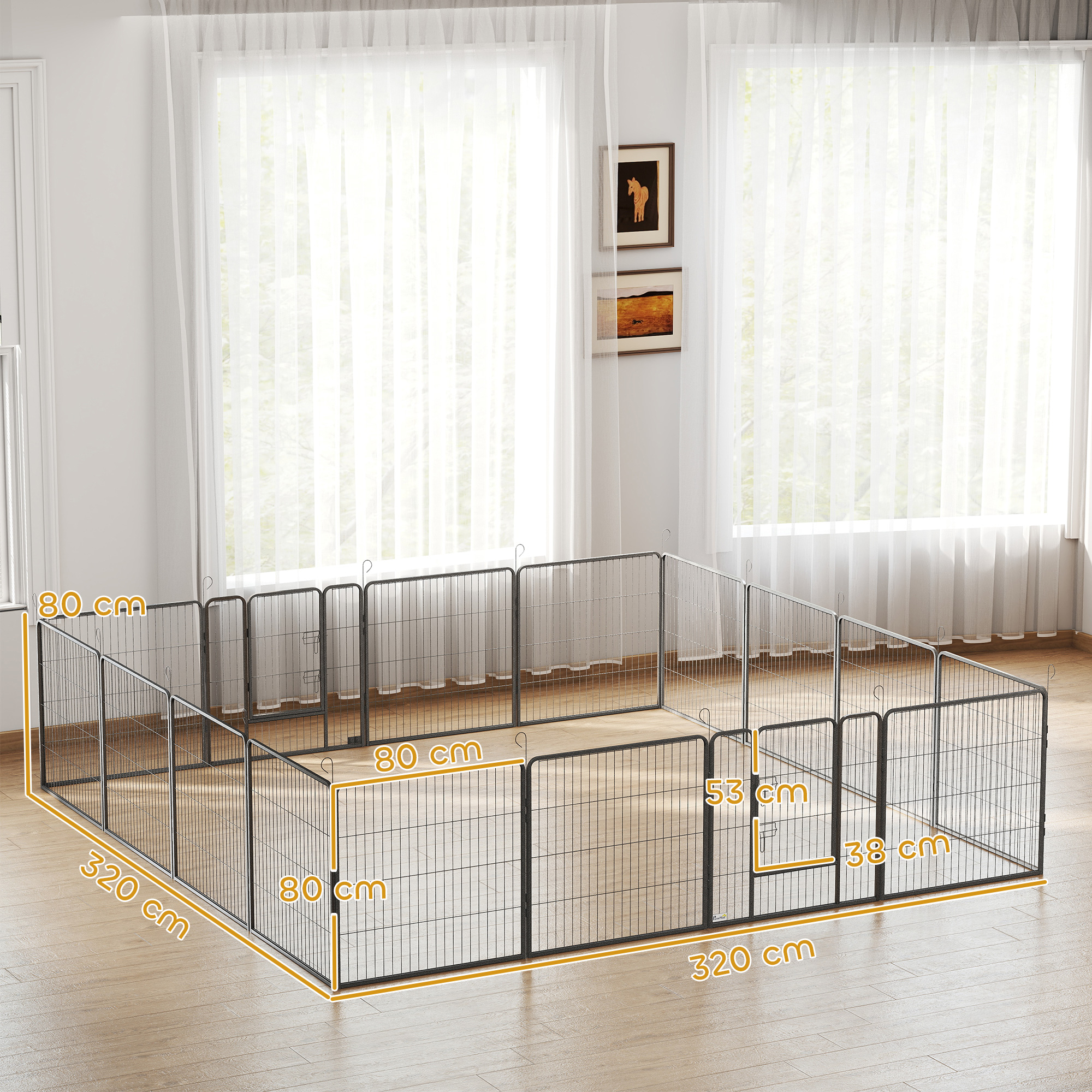 Welpenlaufstall, 16-teilig Welpenauslauf faltbar mit Tür für kleine, mittlere Hunde, 3,2 x 3,2 x 0,8 m, Grau
