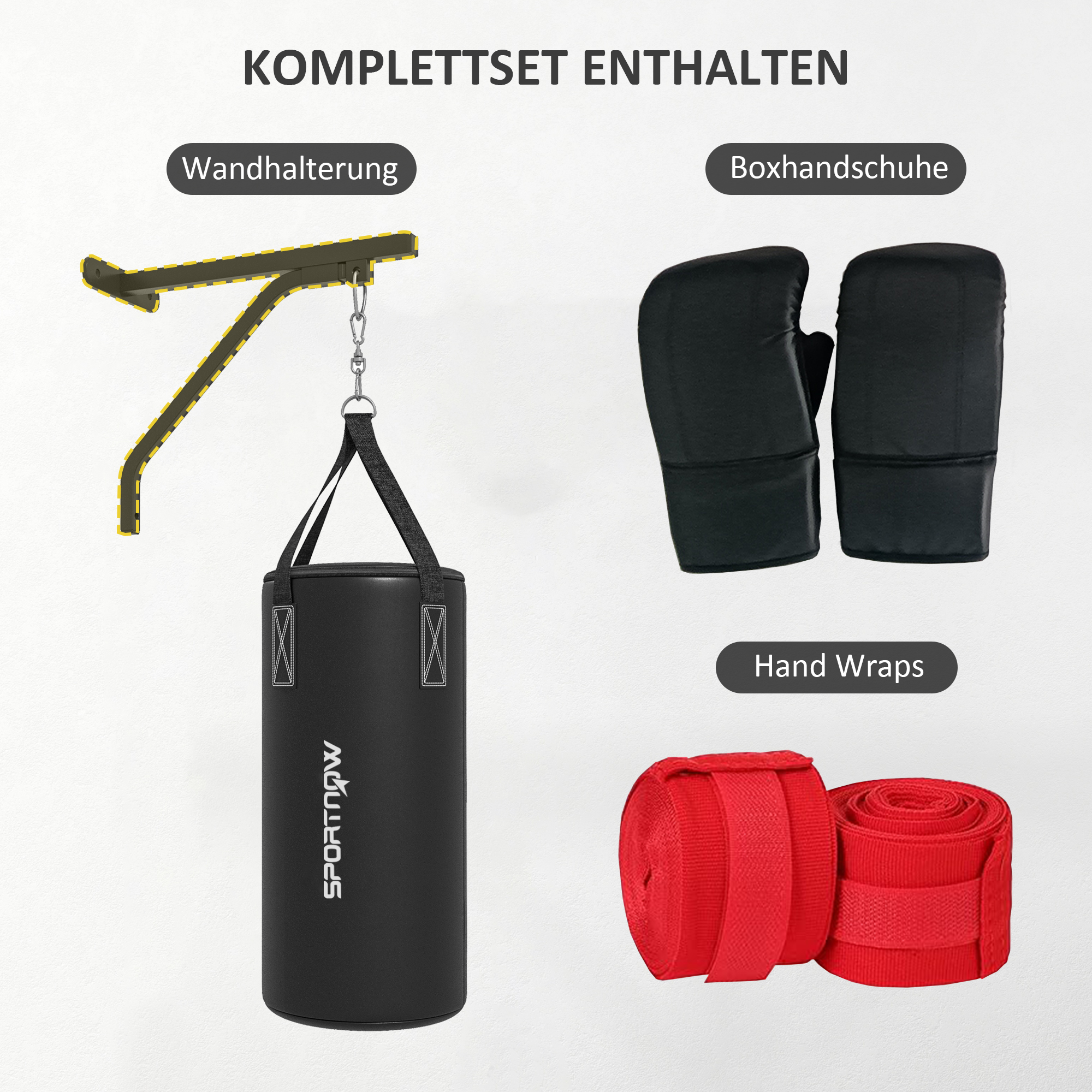 Boxsack, befüllbar, mit Wandhalterung, Handschuhen und Bandagen, bis 45 kg, Schwarz