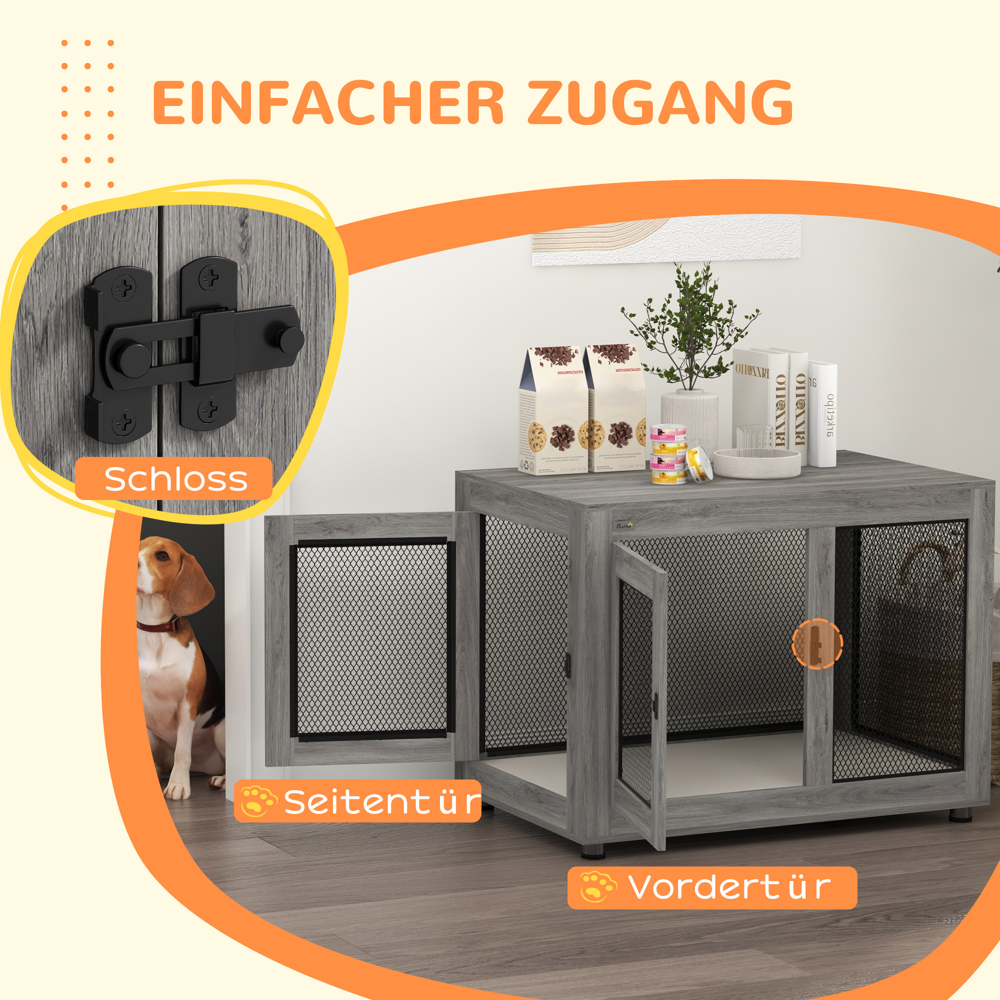 Hundebox, Welpenbox, mit Ablagefläche, wasserabweisendes Kissen, Stahlgitter, verstellbare Füße, 94x60x71,5 cm