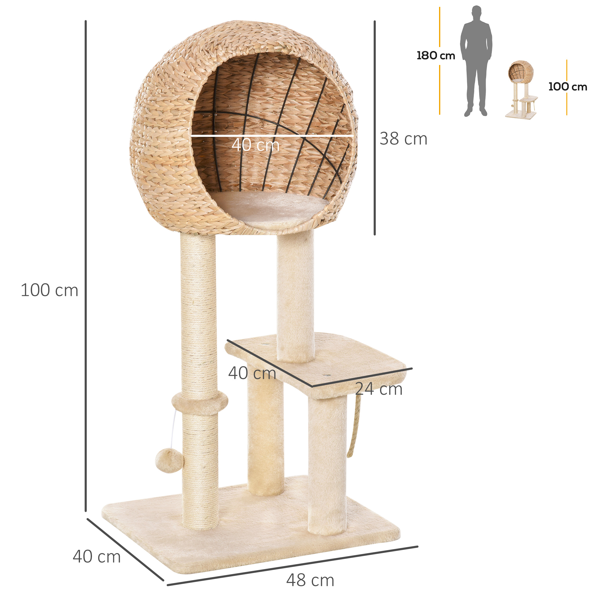 Kratzbaum 100 cm Katzenturm mit Höhle, Spielball, Sisalstämme, Plattform, mehrstöckiger Katzenkratzbaum, Kletterbaum, für mittelgroße Katzen, Beige