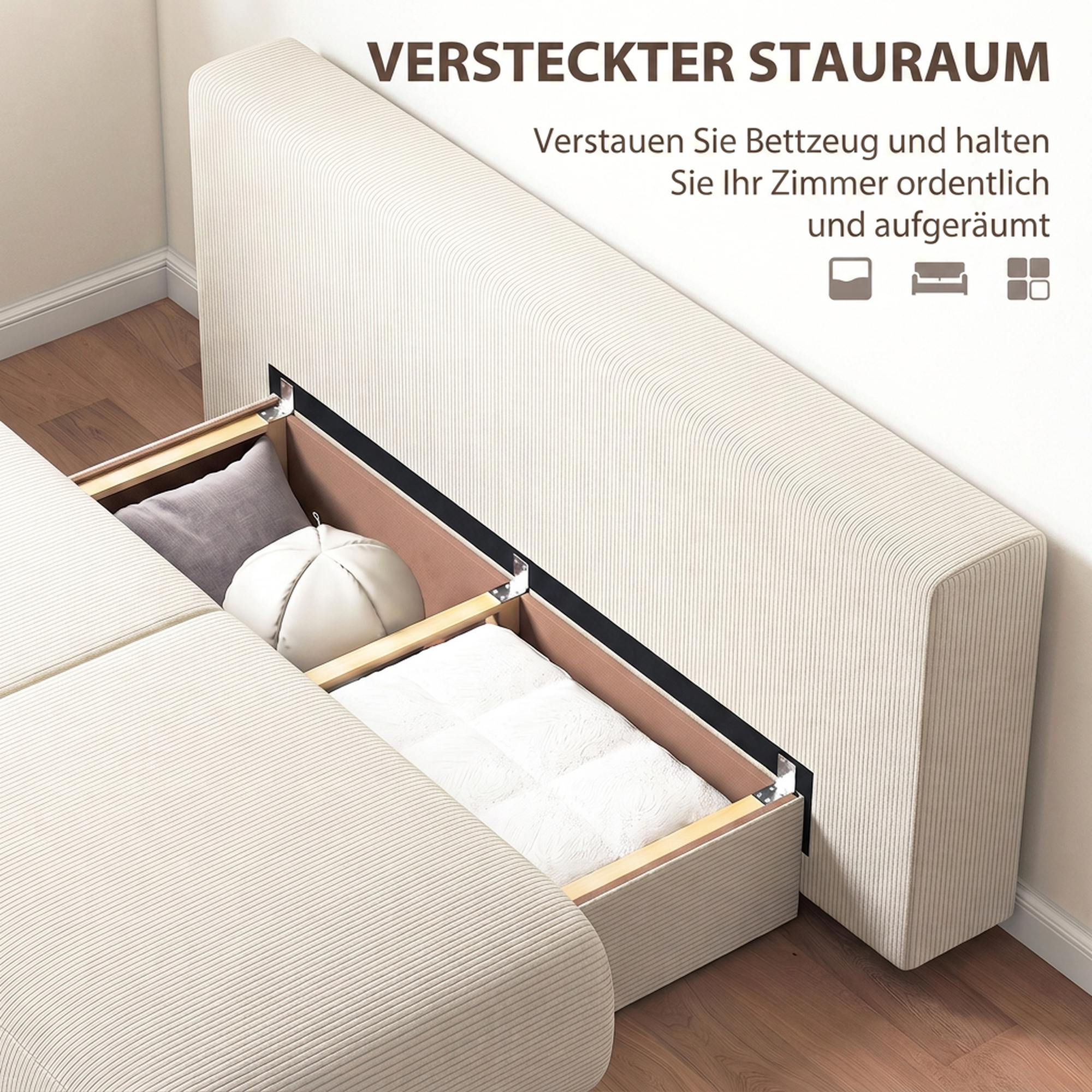 Schlafsofa mit verstellbarer Rückenlehne, Bettfunktion, verstecktem Stauraum und Cordbezug, Beige
