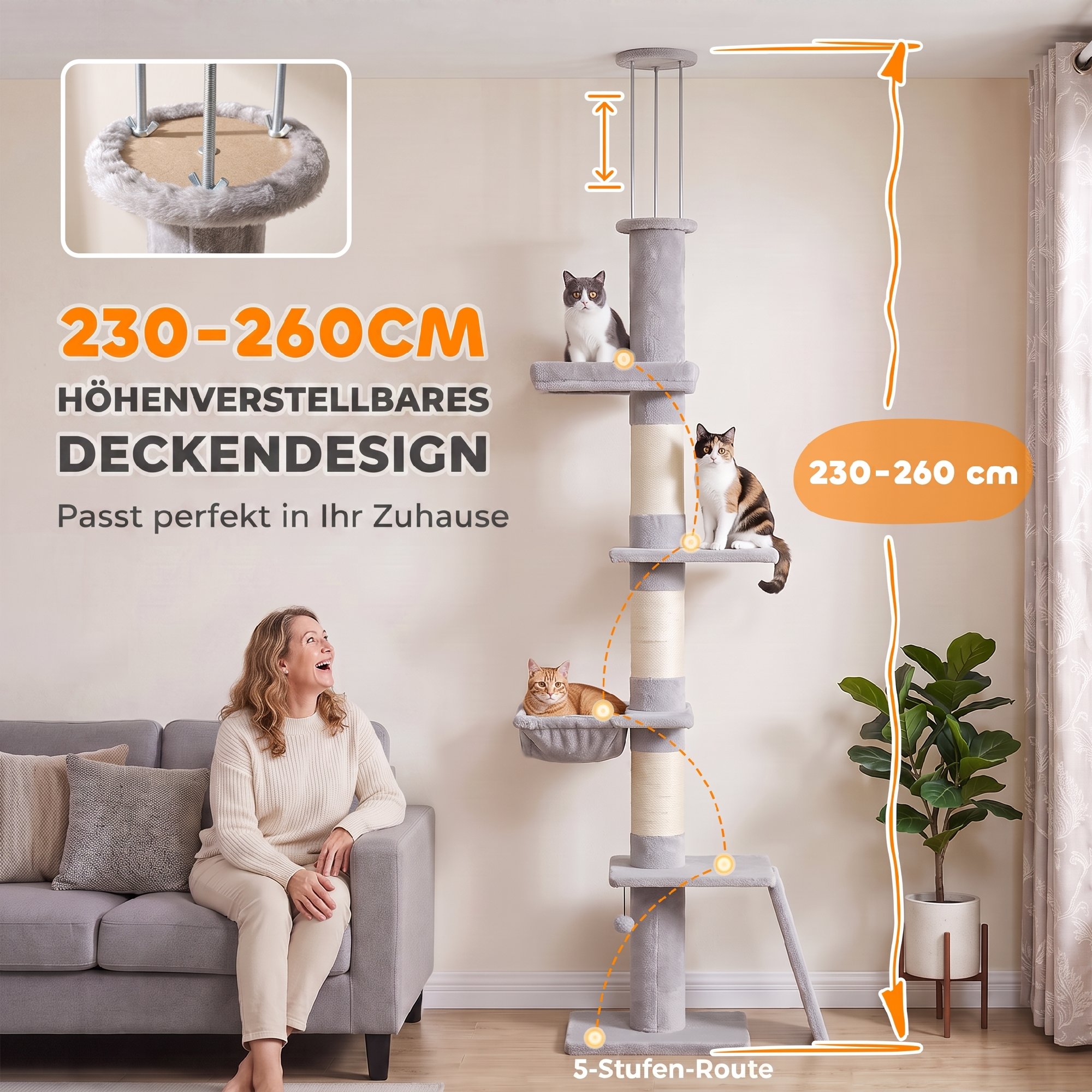 Kratzbaum Deckenhoch 230–260 cm höhenverstellbar Katzenbaum mit 5 Etagen 3 dicke Sisal-Kratzstämmen, Sisal-Kratzbrett