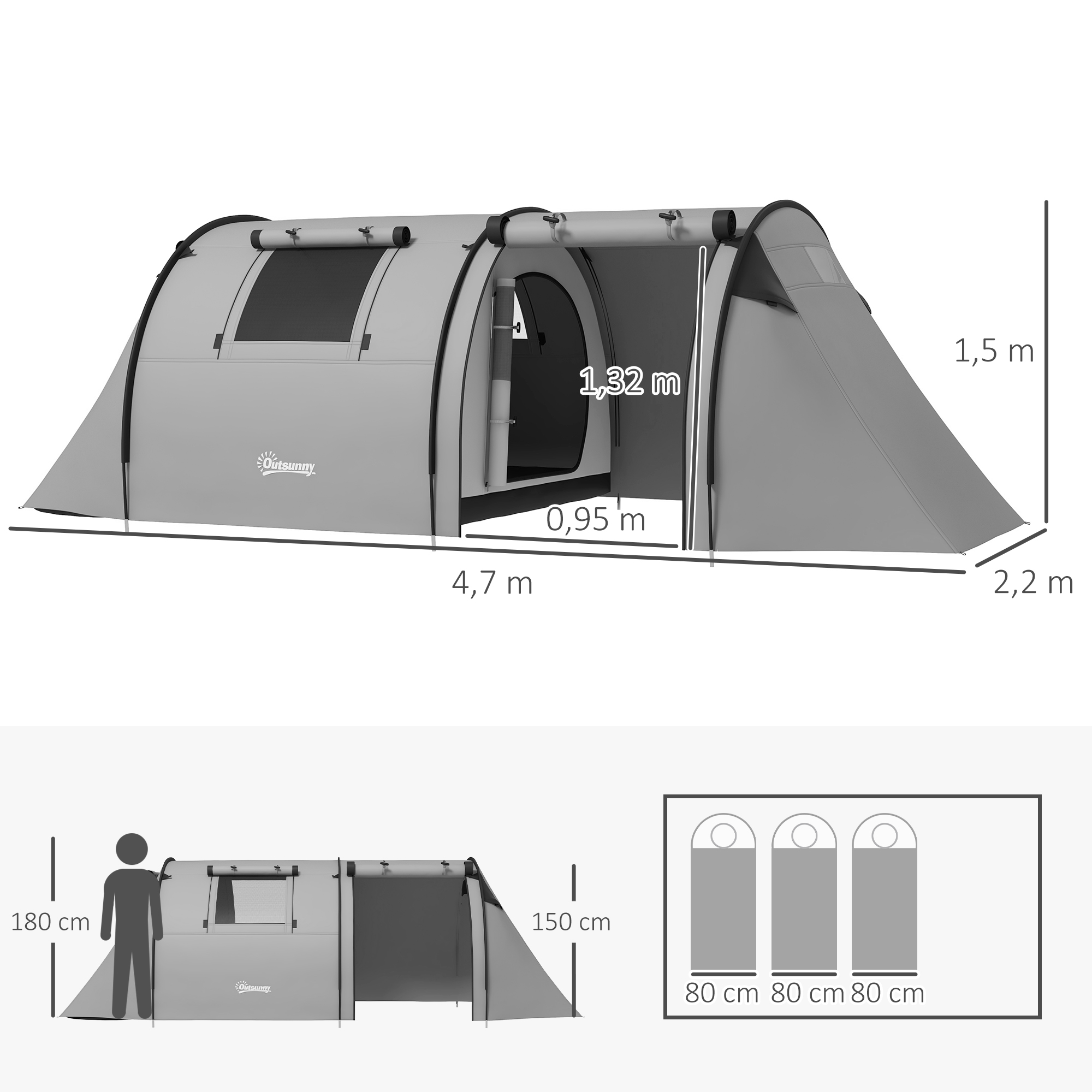 Campingzelt für 3-4 Personen stabil wasserdicht Familienzelt mit Schlafzimmer Wohnzimmer 3000mm Wassersäule Grau