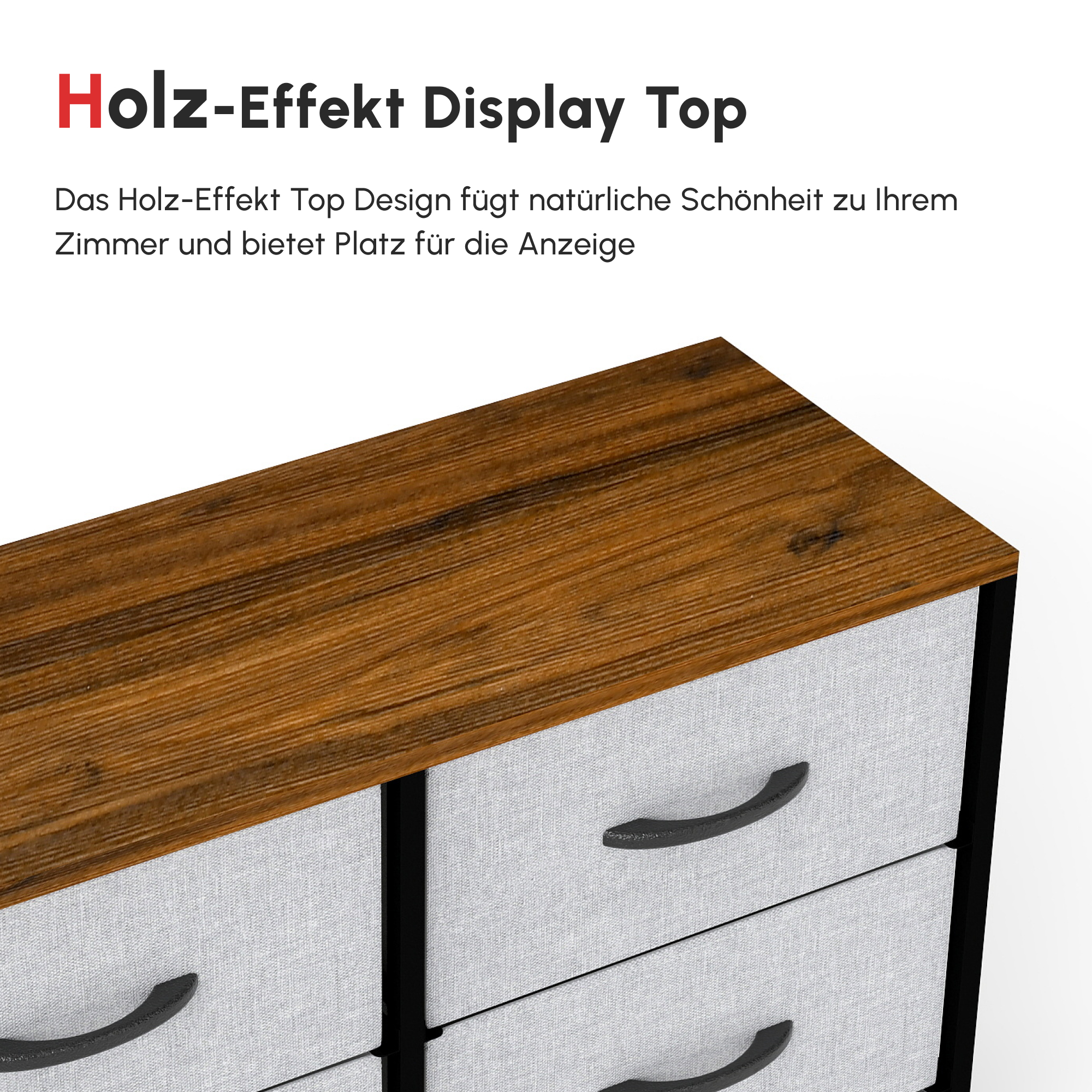 Kommode Sideboard, 6 Schubladen, Stoffschubladen, 80 cm x 30 cm x 62,5 cm, Braun + Schwarz + Grau