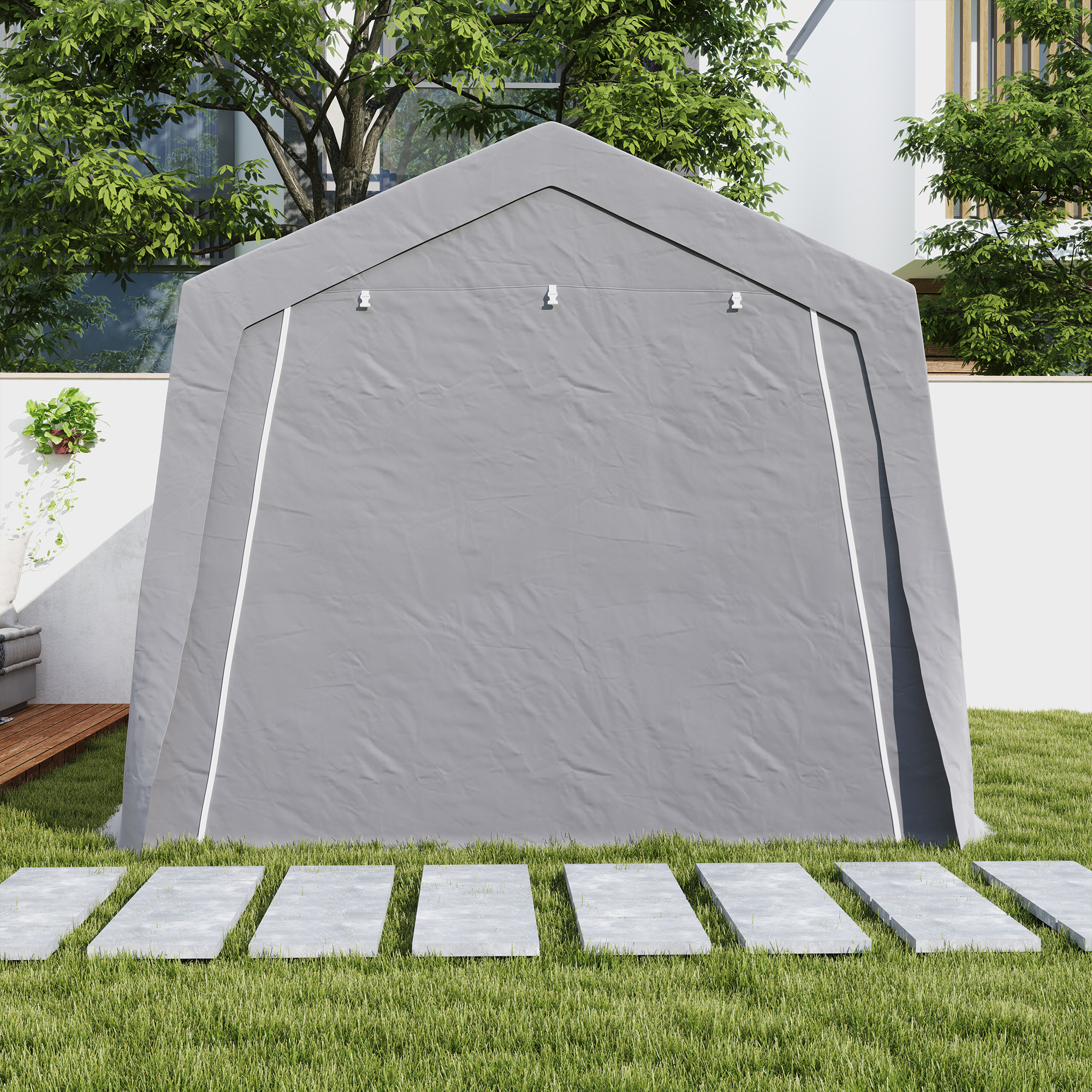 Gerätehaus mit Satteldach wasserdicht Gerätezelt mit Türen, Fenster 300x447x255 cm, Hellgrau