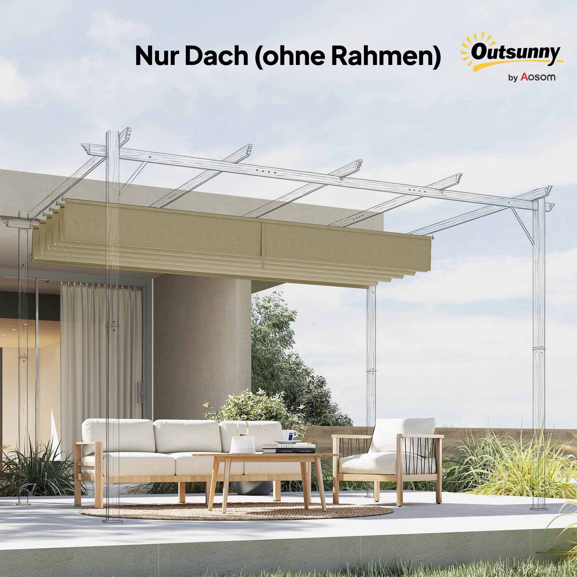 Ersatzdach für 4 x 3 m Pergola, einziehbar, mit Regenabflusslöchern, wetterfest, Polyester, 350 x 260 cm Beige