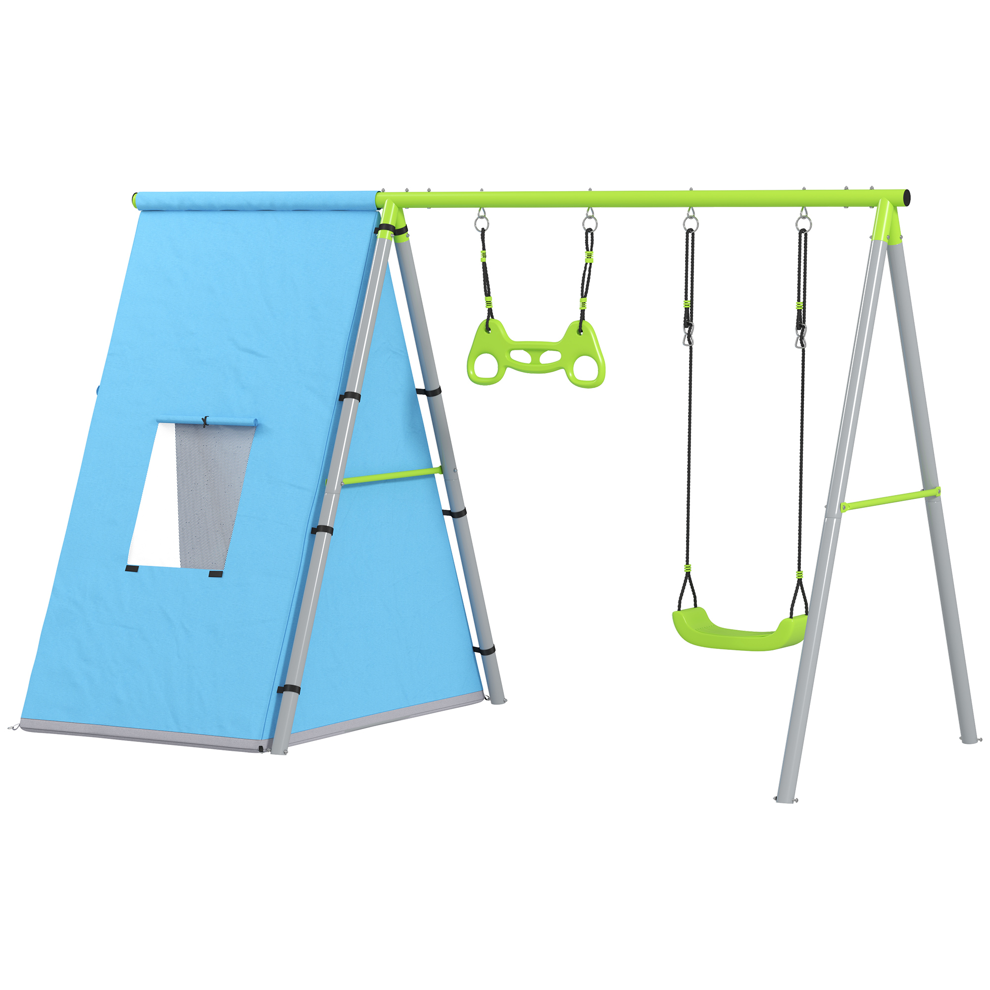 3-in-1 Schaukelset, Spielzelt, Schaukel, Turnringe, Metall, Kunststoff, Grün