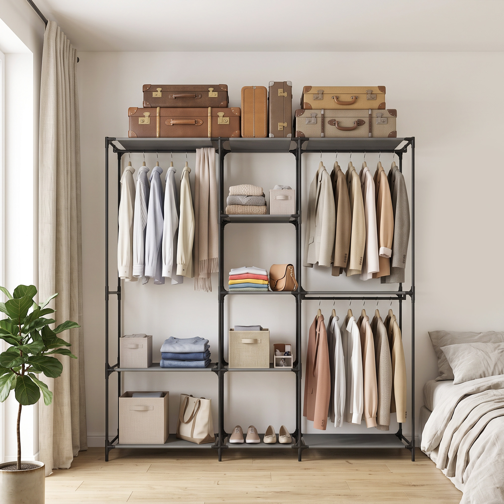 Textil-Kleiderschrank, tragbar, werkzeuglos, mit 3 Kleiderstangen und 5 Ablagen, 182 x 43 x 182 cm, Schwarz