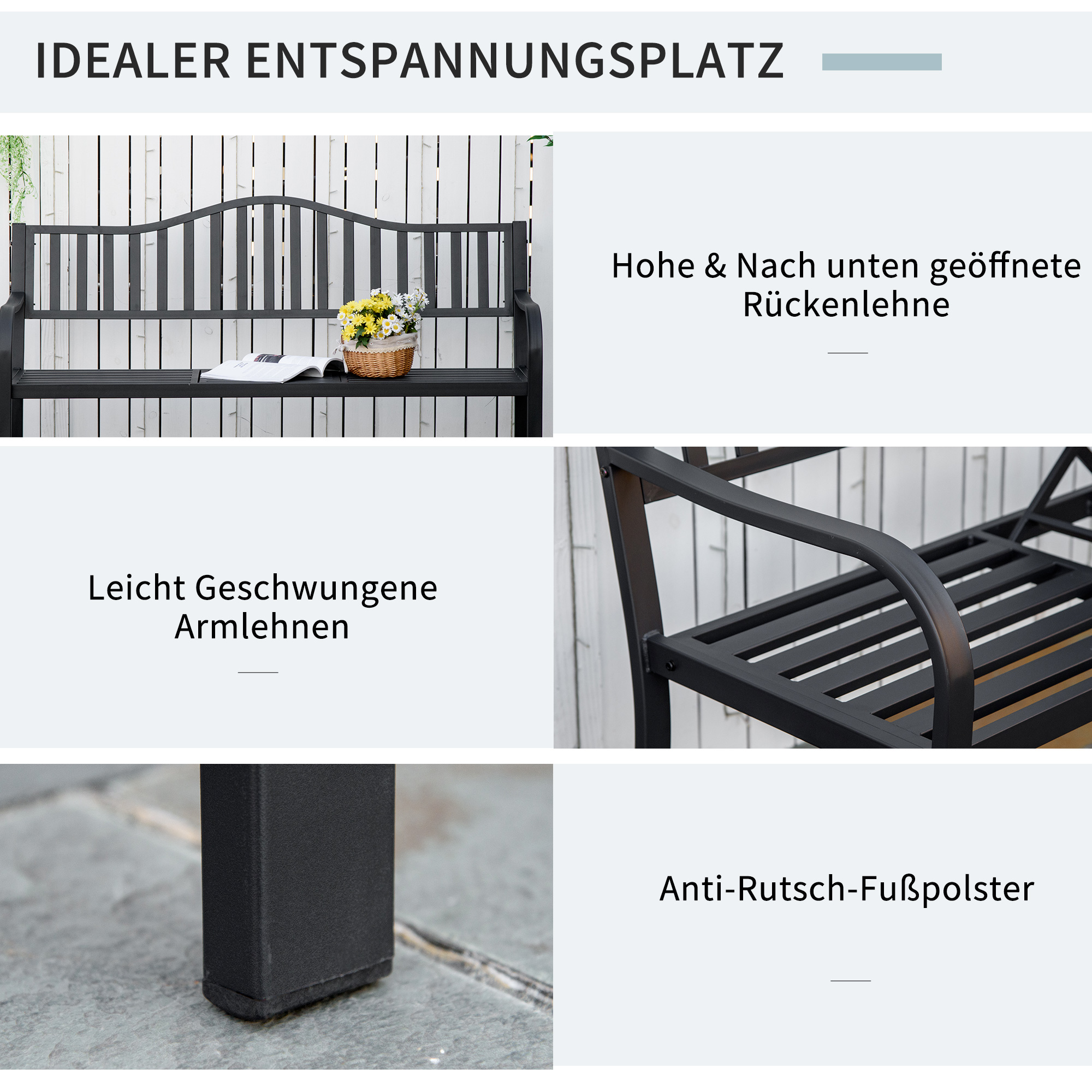 2-Sitzer Gartenbank robust Parkbank mit ausziehbarem Tisch Sitzbank Bank 240kg belastbar Terrassenbank mit Rücken- & Armlehnen Gartenmöbel für Terrasse, Garten 150 x 58,5 x 90 cm Schwarz