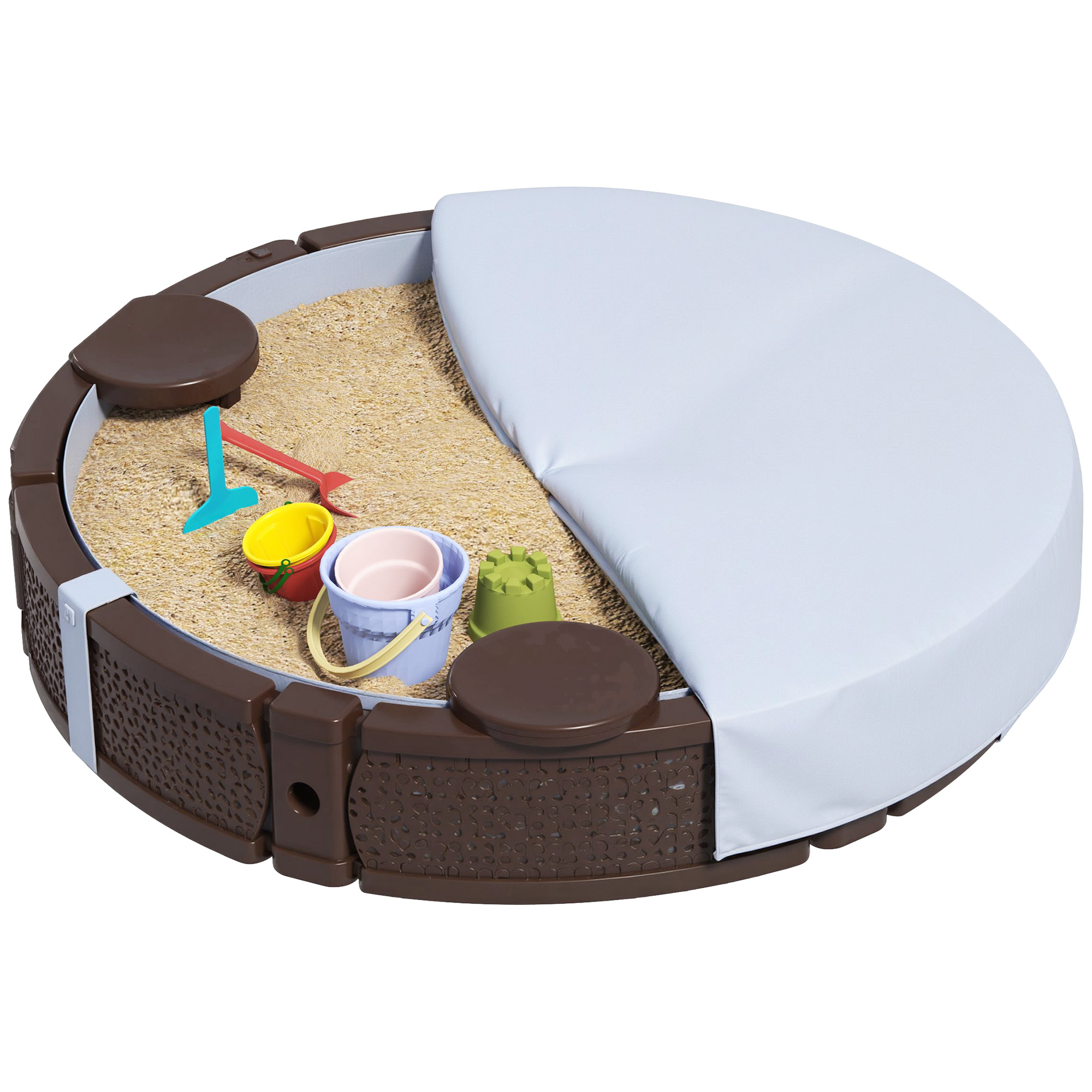 Sandkasten, Runde Sandkiste für bis zu 3 Kinder, mit 3 Sitzen, wasserfeste Unterlage, Schutzplane, 300 kg Sand Sandkasten, Runde Sandkiste für bis zu 3 Kinder, mit 3 Sitzen, wasserfeste Unterlage, Schutzplane, 300 kg Sand