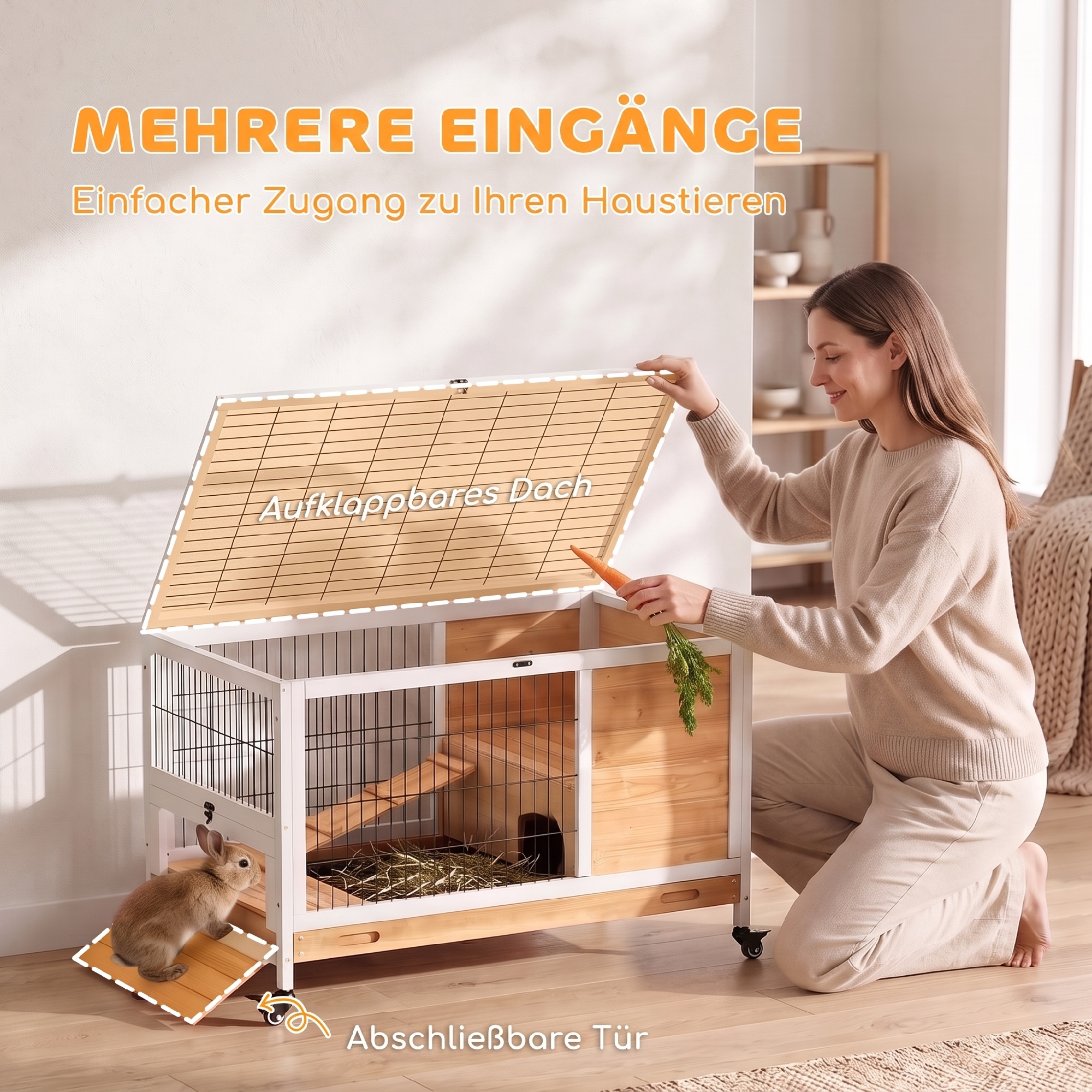 Kaninchenstall aus Holz Hasenstall mit 2 Etagen Klappdach Rädern Zwei Eingängen Rampe Ausziehbarem Tablett 90x53x59cm