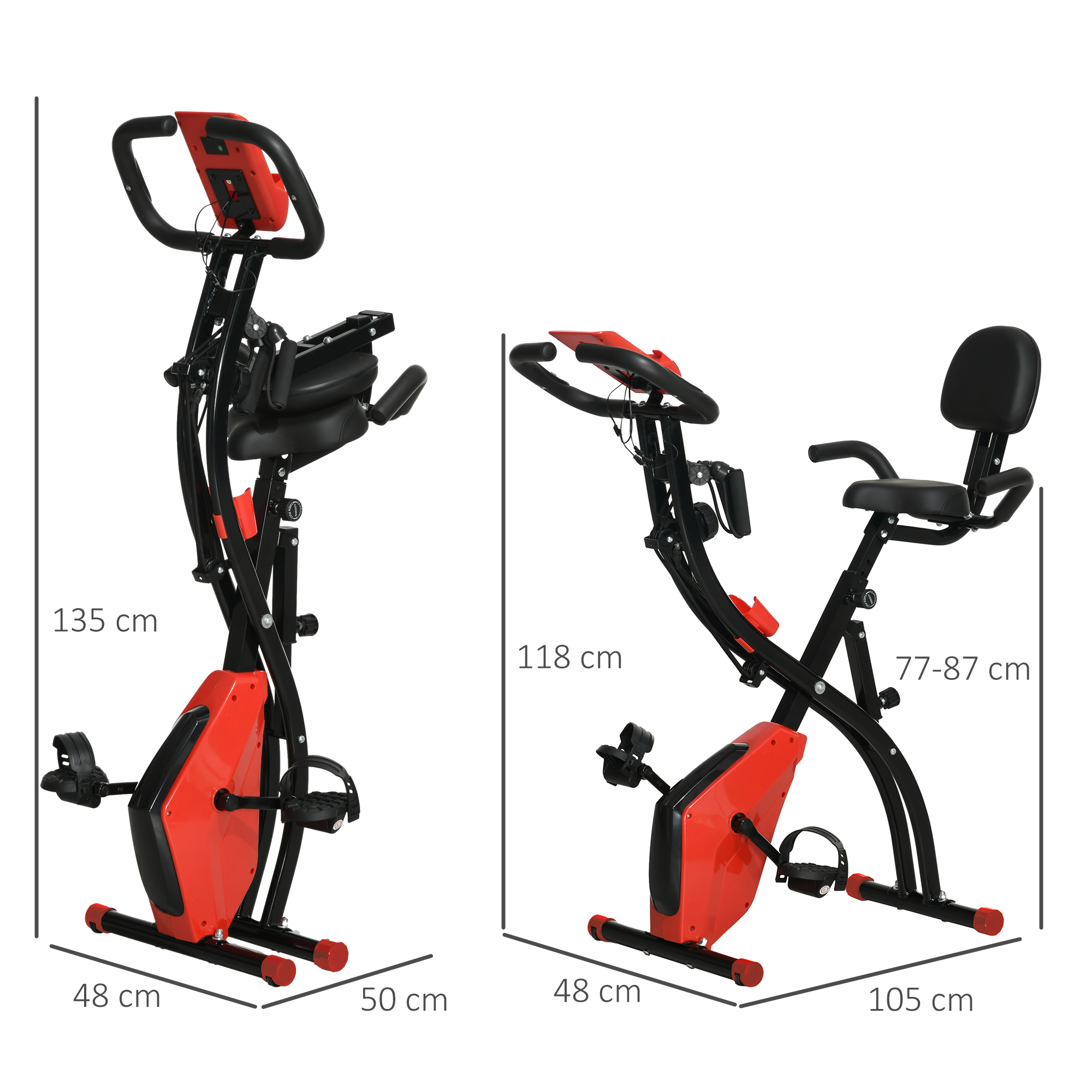 Heimtrainer X-Bike 2-in-1 Fahrradtrainer mit LCD-Display,Pulsmesser, klappbarer Hometrainer Trimmrad mit 8 stufig Magnetwiderstand, 1 Paar Spannseil, Stahl Rot 105x48x118 cm