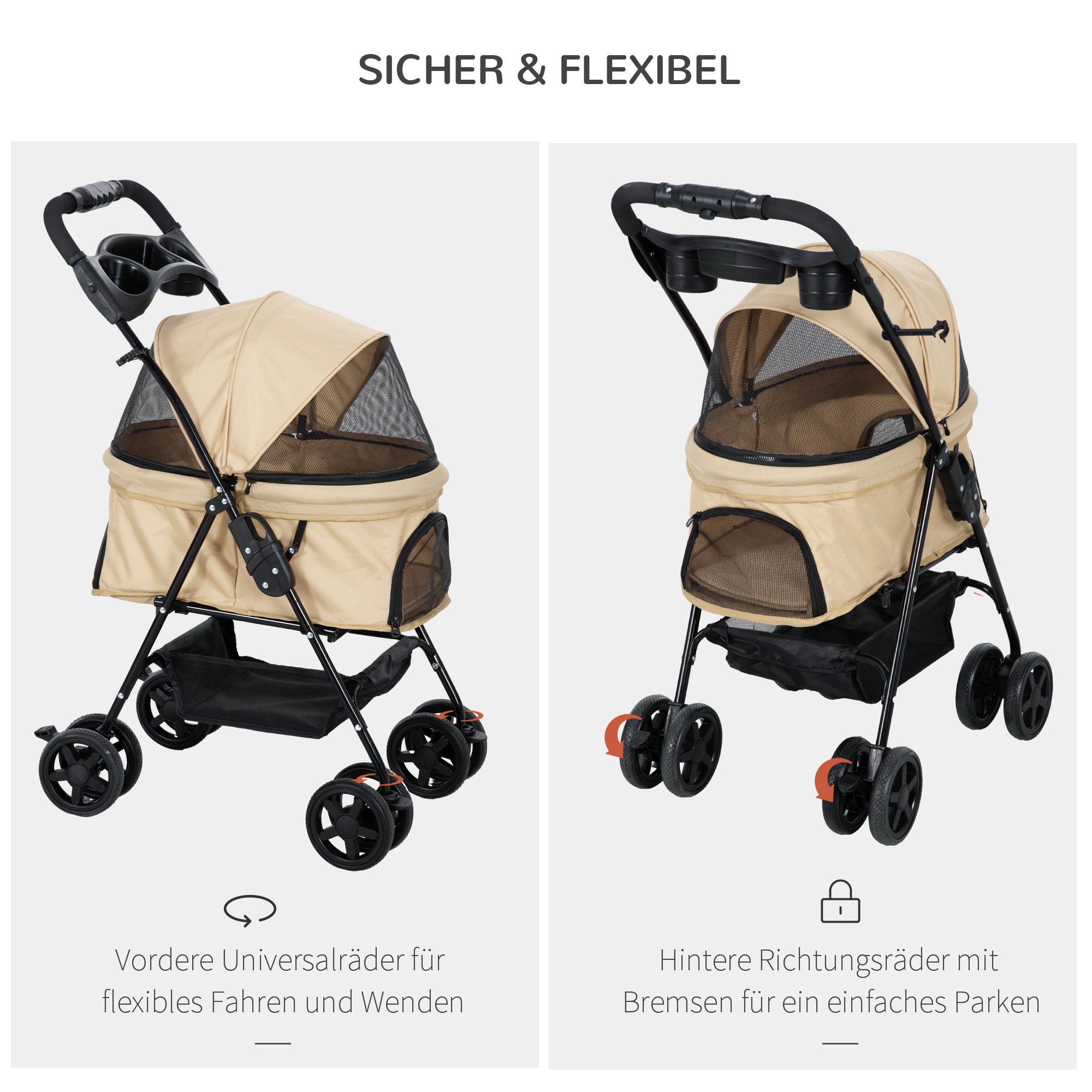 Hundewagen Hundebuggy, klappbar, 2 Sicherheitsleinen, 2 Becherhalter,  67 x 45 x 96 cm, Khaki