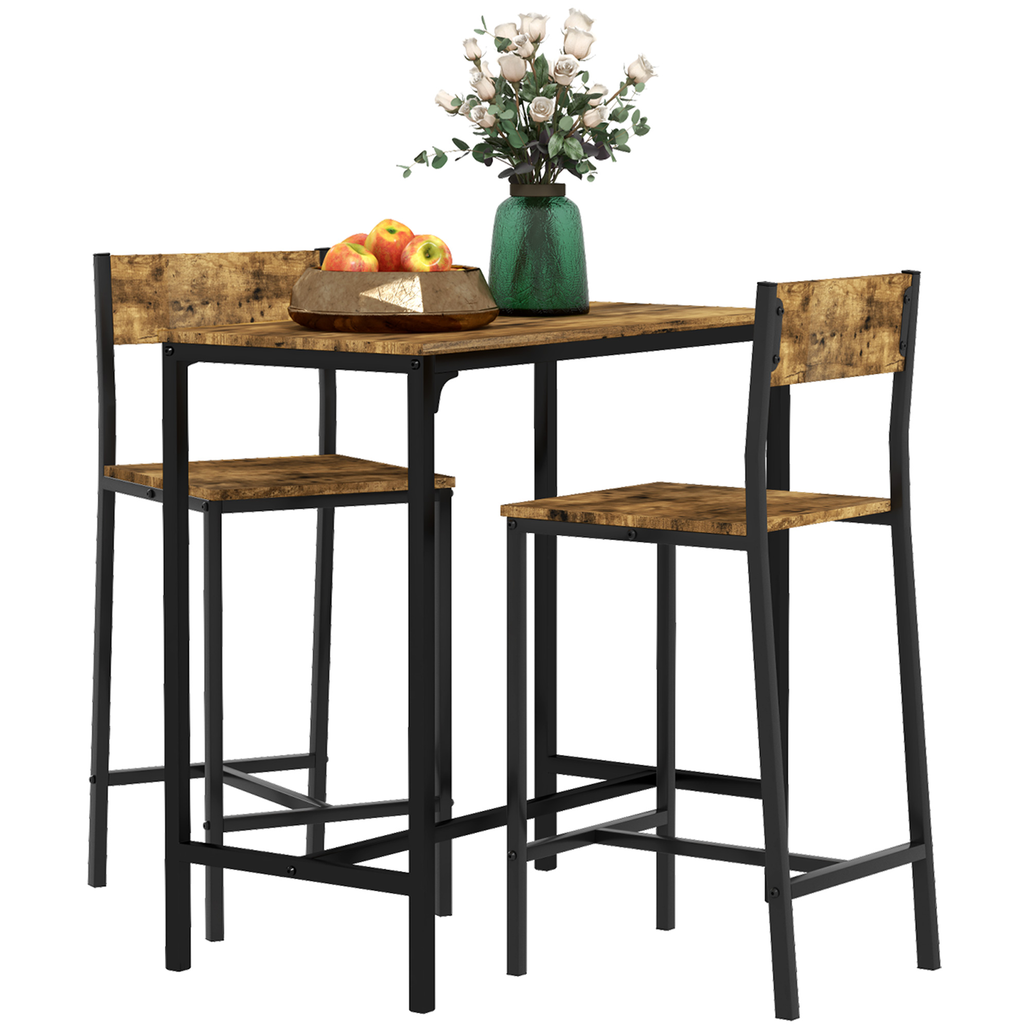 3-teiliges Bar-Set, Stehtisch, 2 Stühle, MDF, Metallrahmen, wasserfest, Braun 3-teiliges Bar-Set, Stehtisch, 2 Stühle, MDF, Metallrahmen, wasserfest, Braun