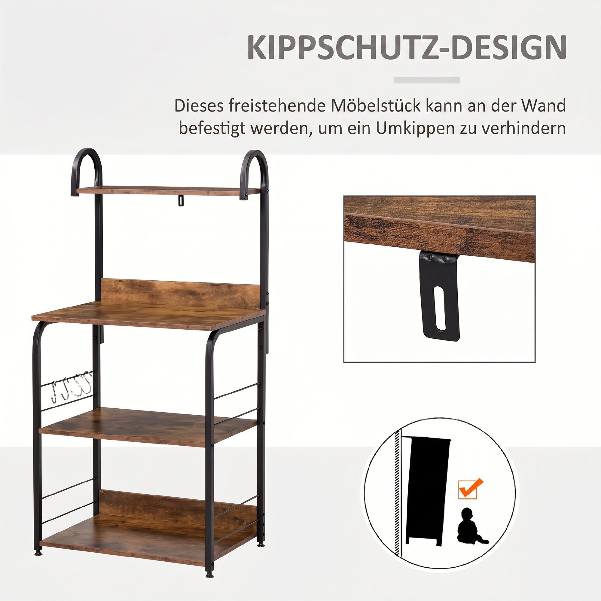 Küchenregal, Standregal mit 3 Ablagen, 4 Haken, Mikrowellenregal für Küche, Esszimmer, Rustikal-Braun, 60 x 40 x 125 cm