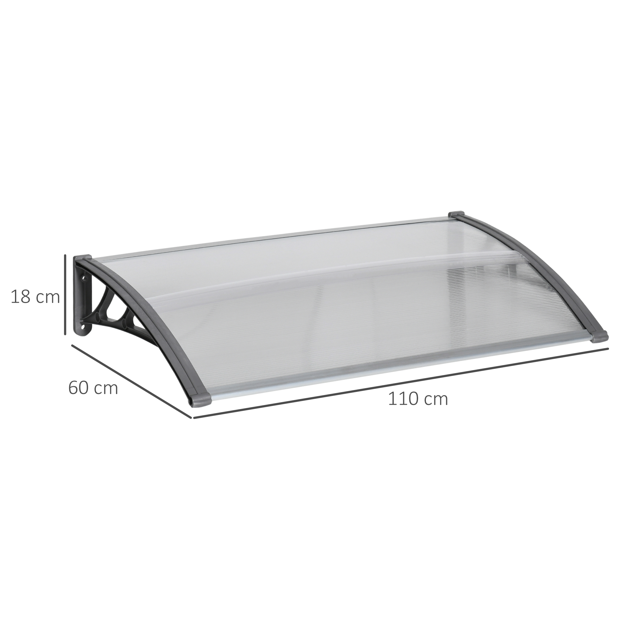 Türüberdachung, Schutz vor Regen, Wind und Hagel, Polycarbonat, Aluminium-Verbindungstangen, 110 x 60 x 18 cm, Grau