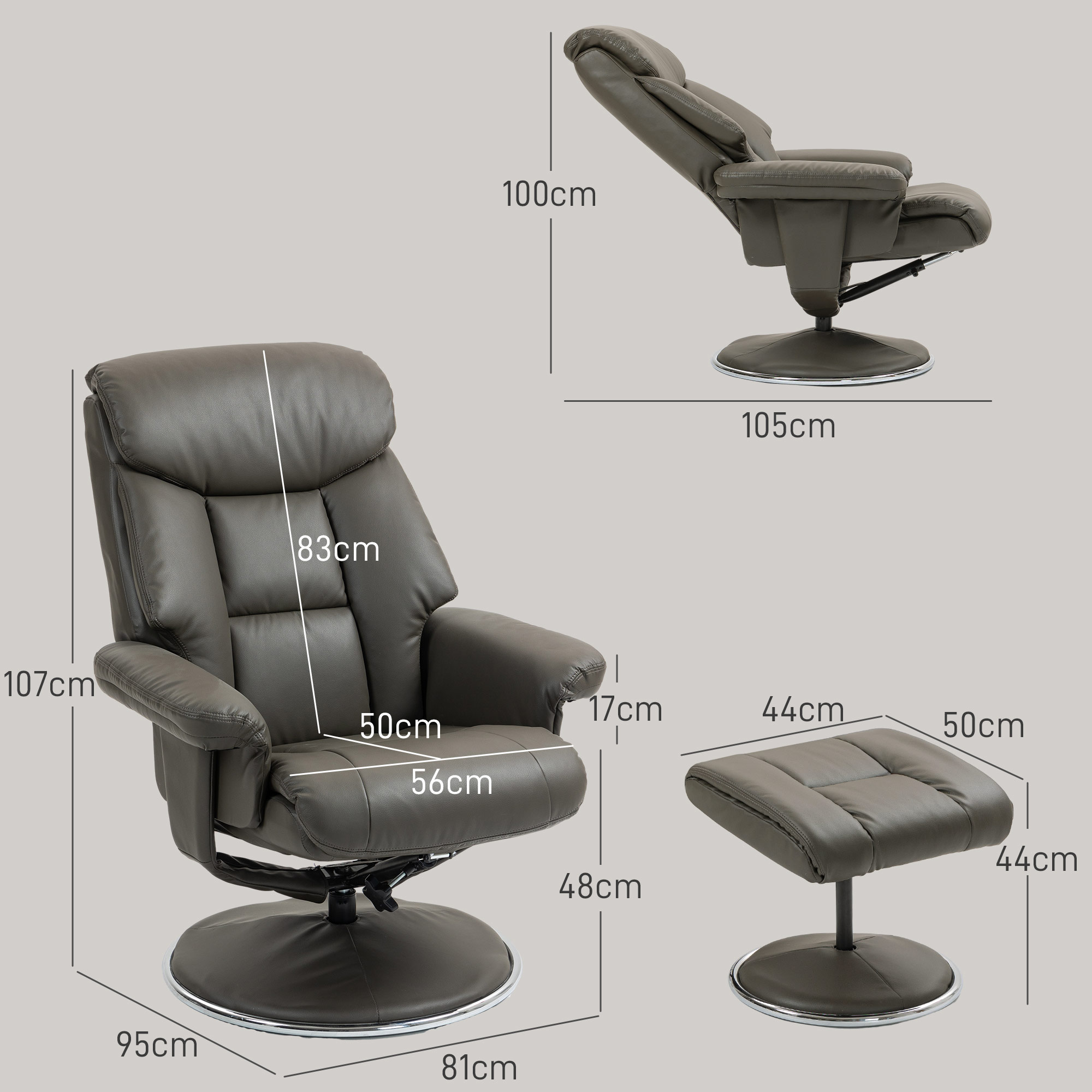 Relaxsessel mit Hocker, Rückenlehne verstellbar, Kunstleder, bis 150 kg, Grau