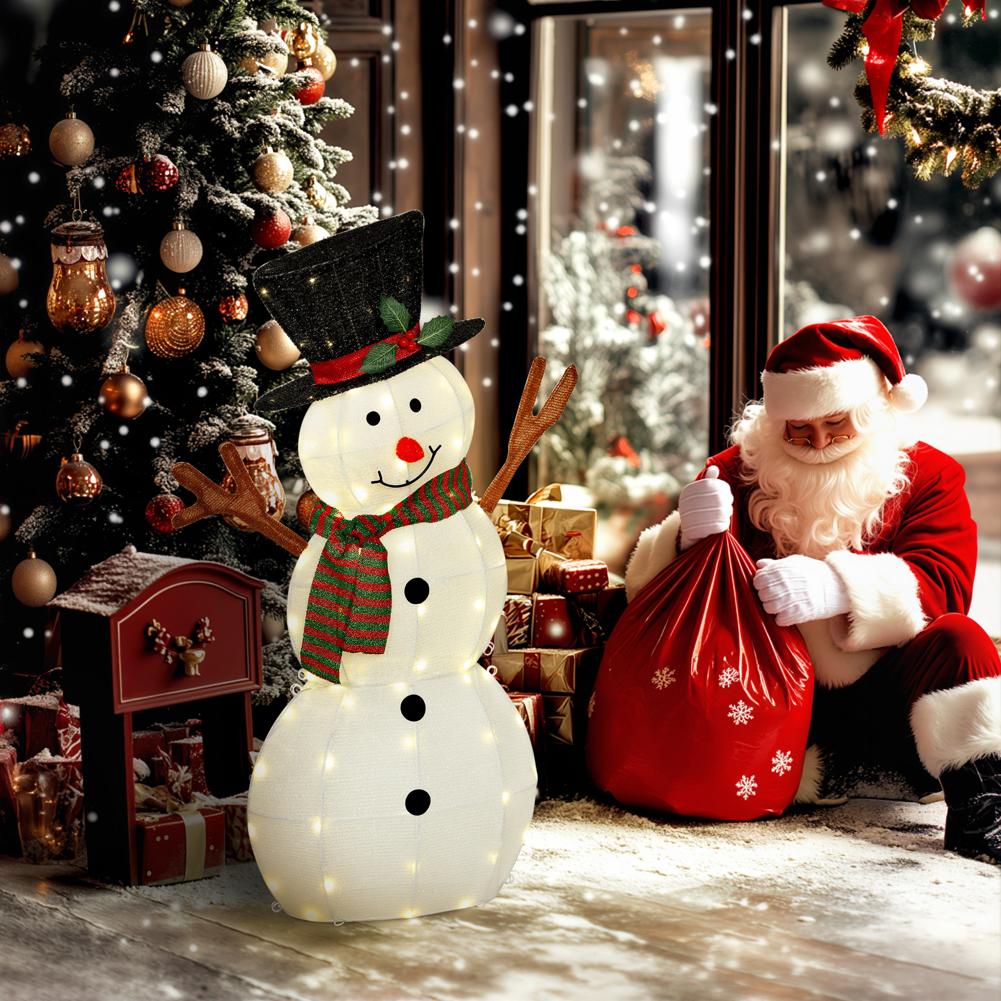 Fröhliche Schneemann-Dekoration für Weihnachten, Außendekoration mit LED-Lichtern, Stahl, Polyester, Weiß+Schwarz