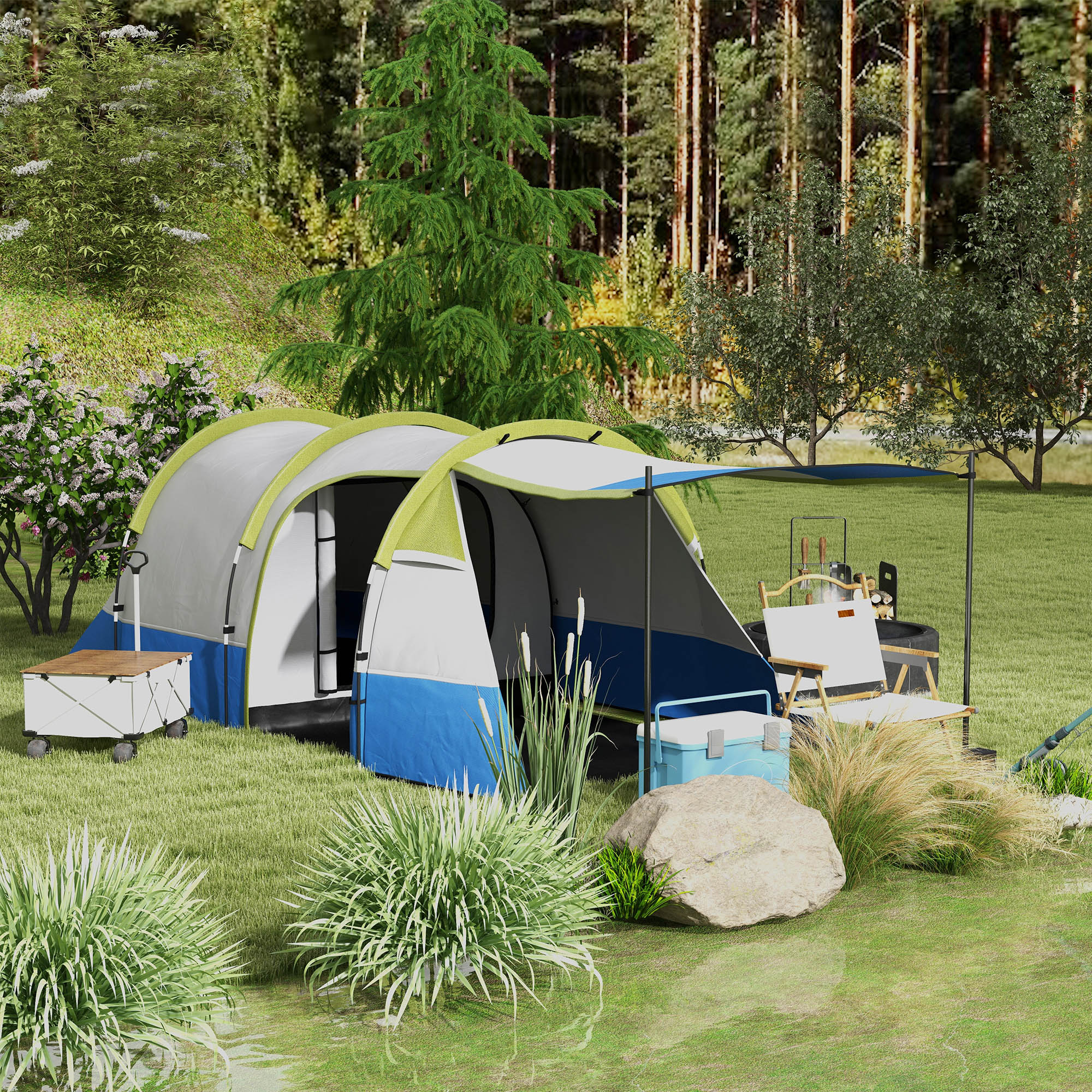 Campingzelt, für 3 Personen, Laternenhaken, drei Eingänge, wasserdicht, Grün