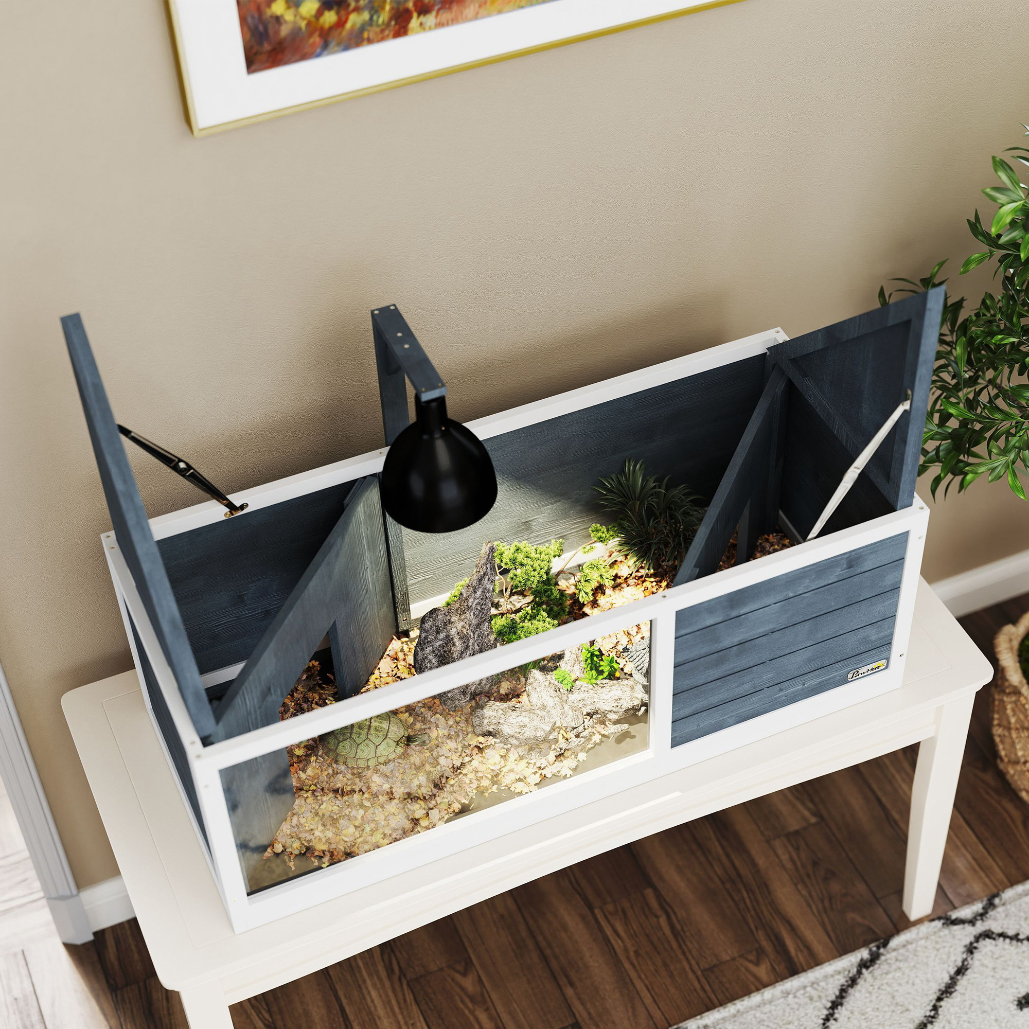 Schildkrötenhaus mit leicht zu öffnender Oberseite, Lampenvorrichtung, transparenter Front, 120 x 50 x 40 cm, Grau